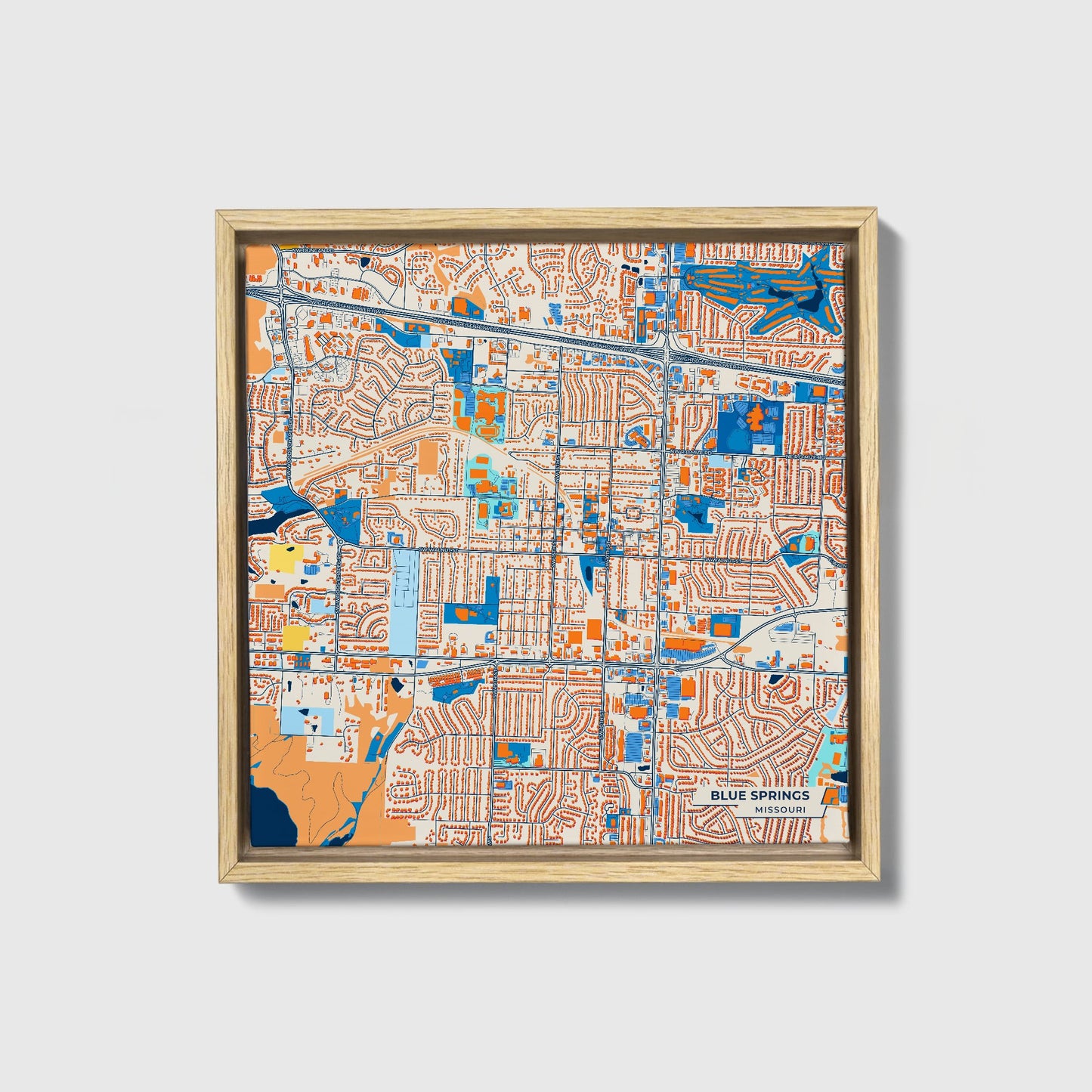 Blue Springs Missouri Colorful City Map Canvas Print • Natural Wooden Framed