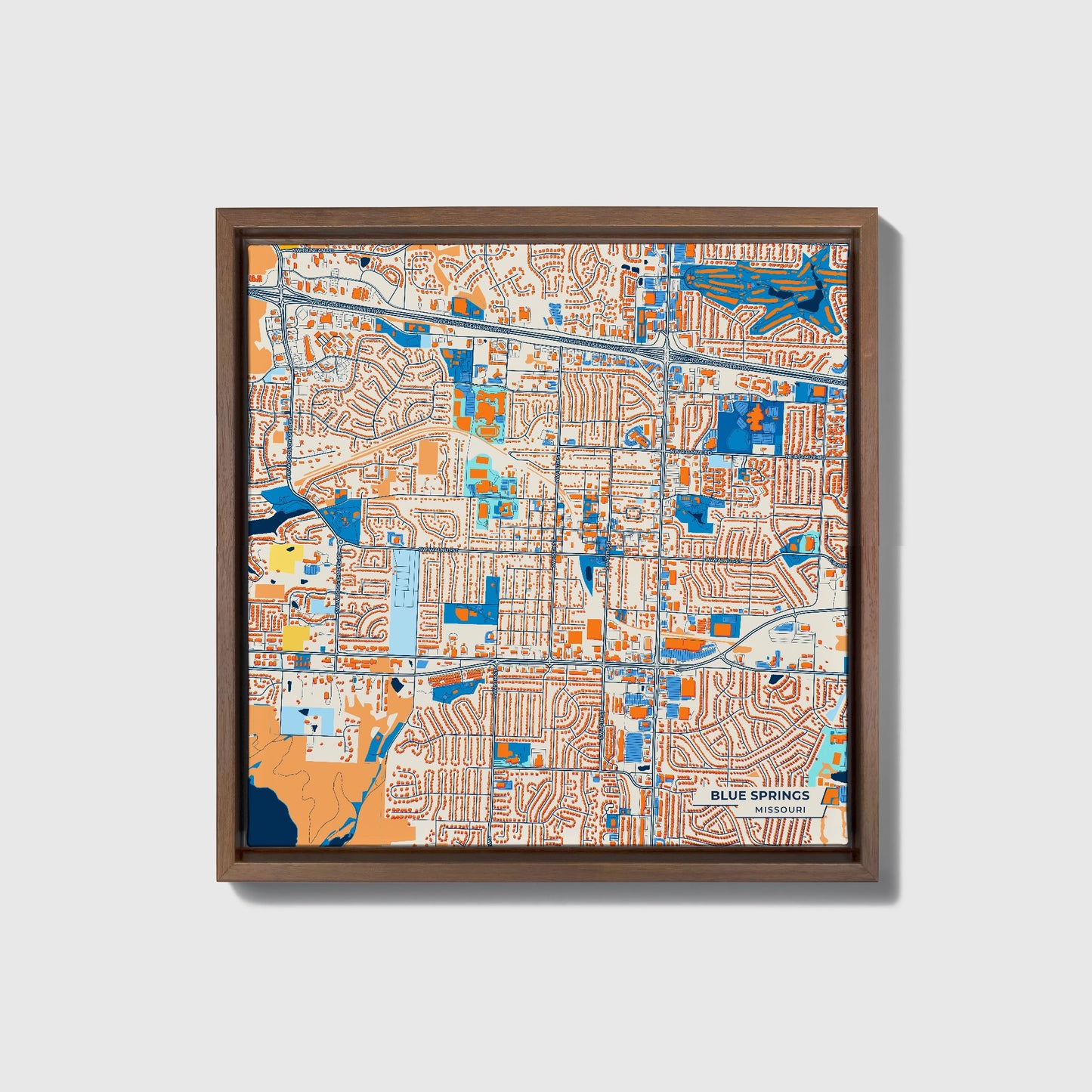 Blue Springs Missouri Colorful City Map Canvas Print • Dark Wooden Framed