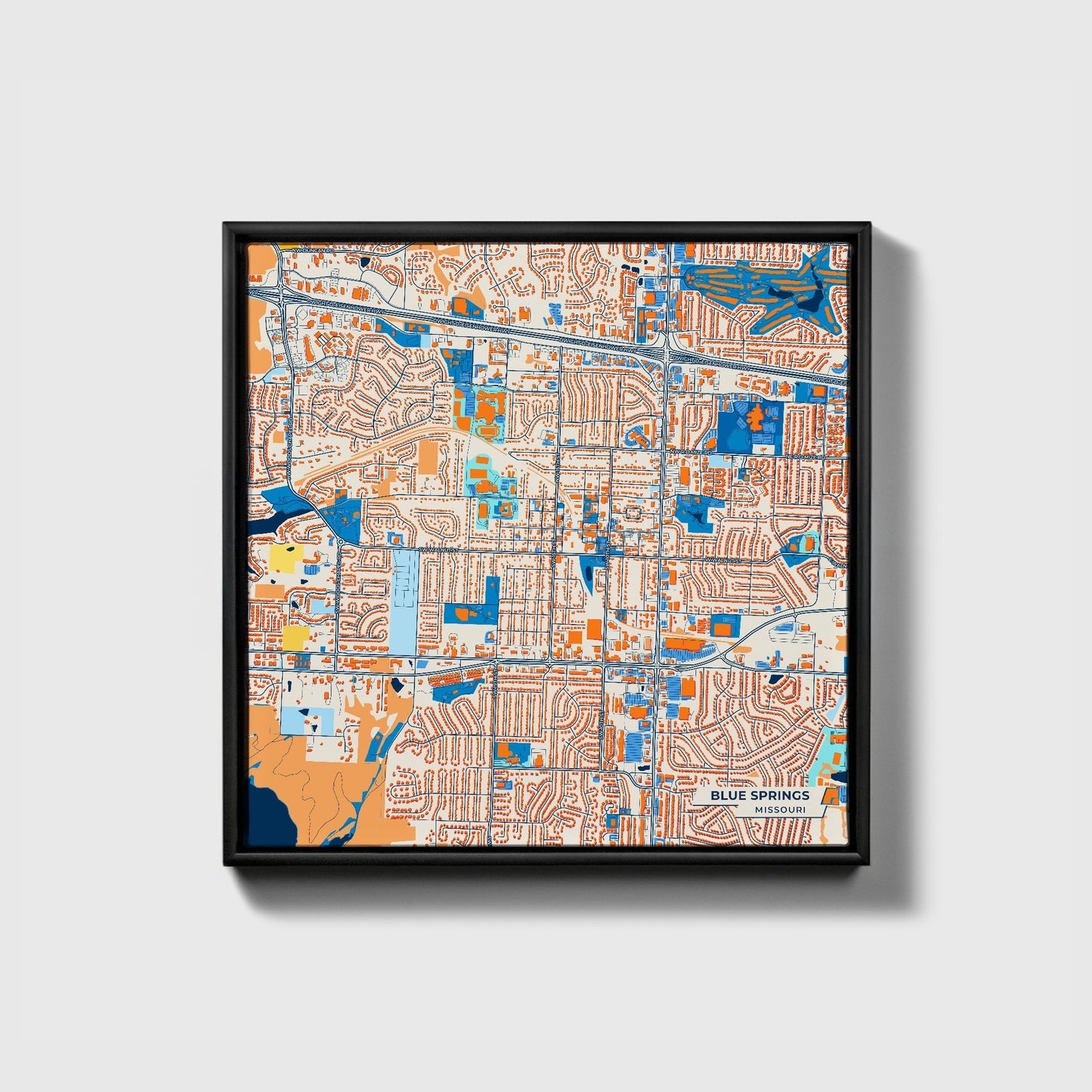 Blue Springs Missouri Colorful City Map Canvas Print • Black Framed