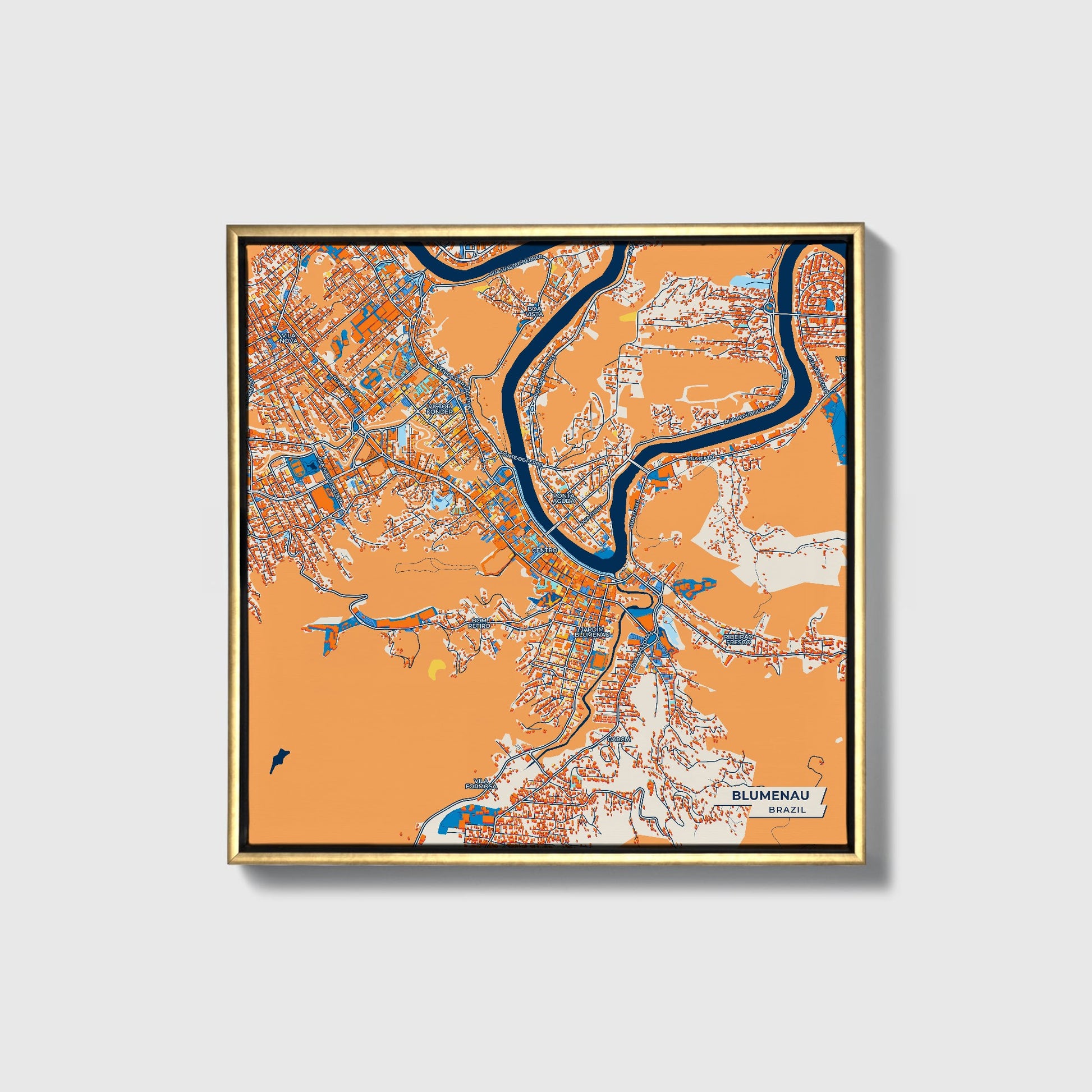 Blumenau Brazil Colorful City Map Canvas Print • Gold Framed