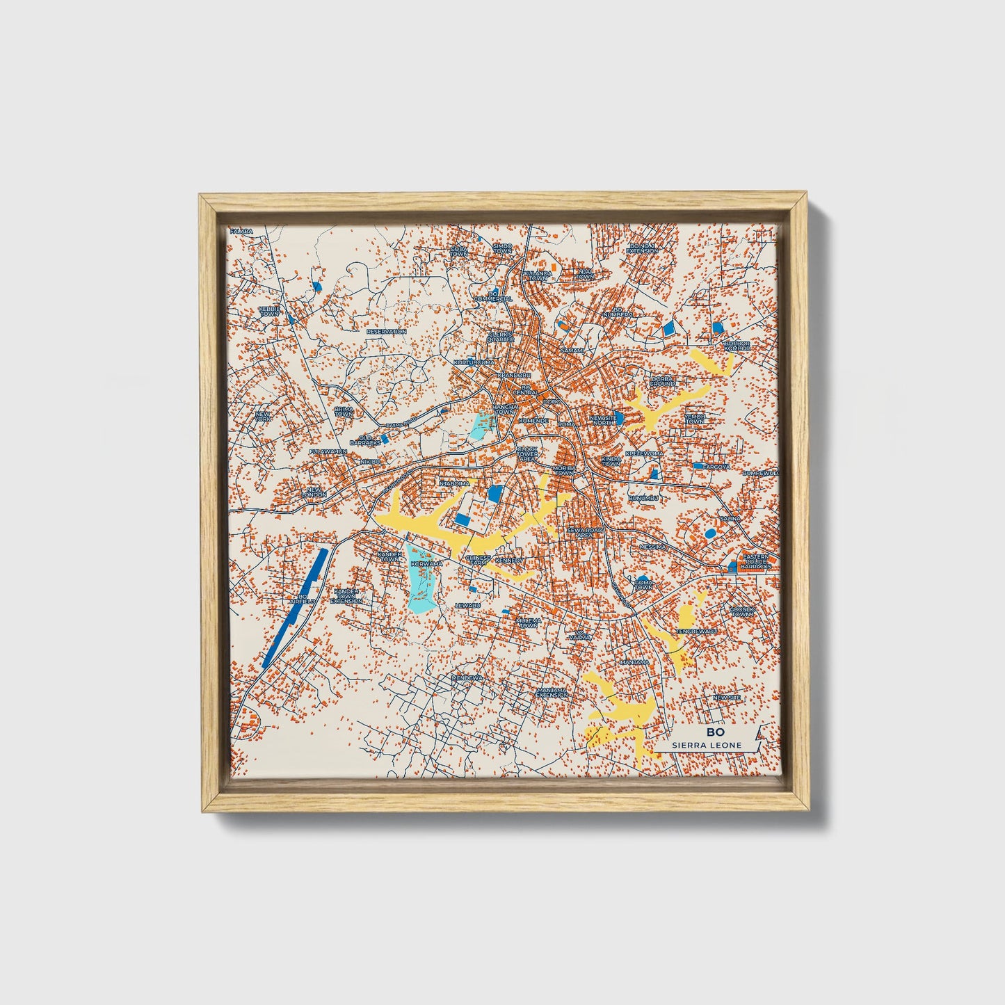 Bo Sierra Leone Colorful City Map Canvas Print • Natural Wooden Framed