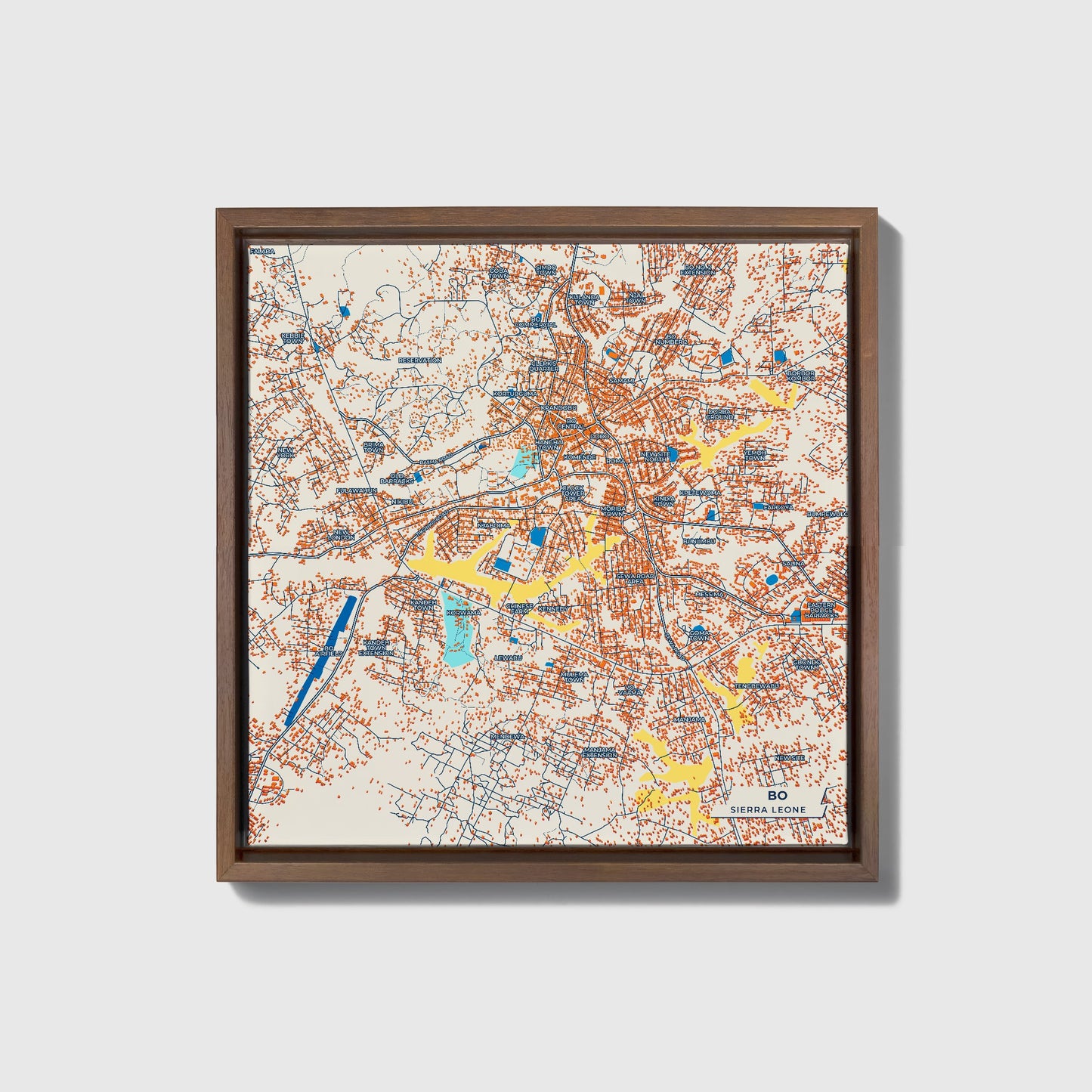Bo Sierra Leone Colorful City Map Canvas Print • Dark Wooden Framed