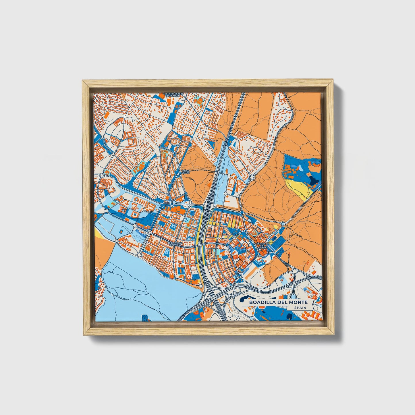 Boadilla Del Monte Spain Colorful City Map Canvas Print • Natural Wooden Framed
