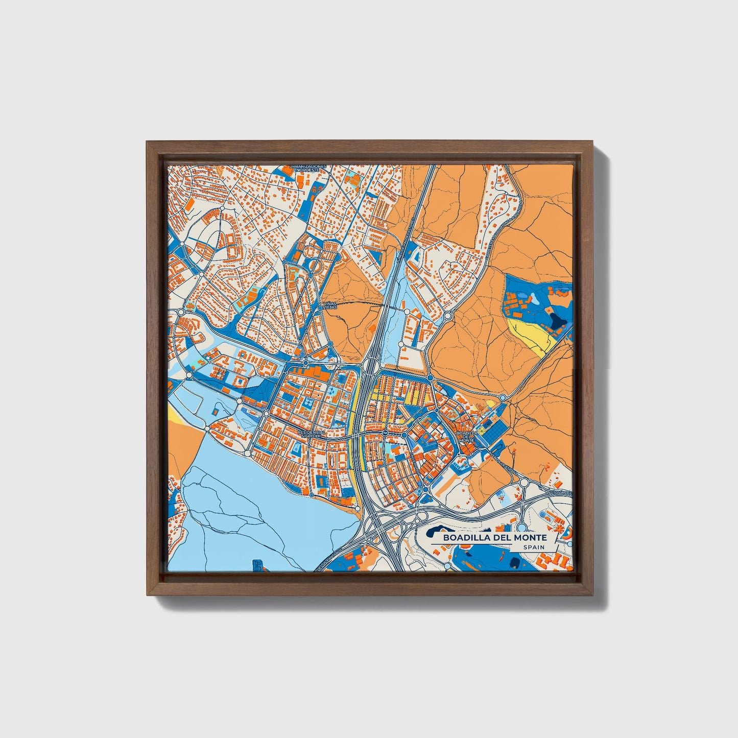 Boadilla Del Monte Spain Colorful City Map Canvas Print • Dark Wooden Framed