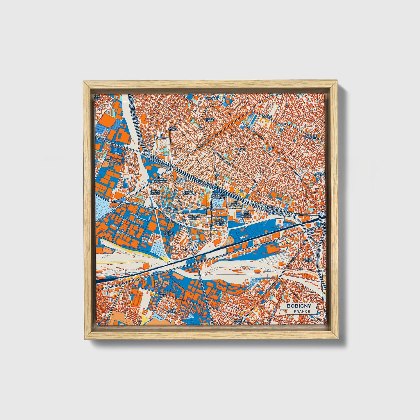Bobigny France Colorful City Map Canvas Print • Natural Wooden Framed