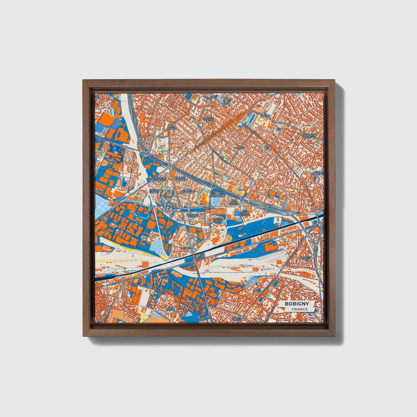 Bobigny France Colorful City Map Canvas Print • Dark Wooden Framed