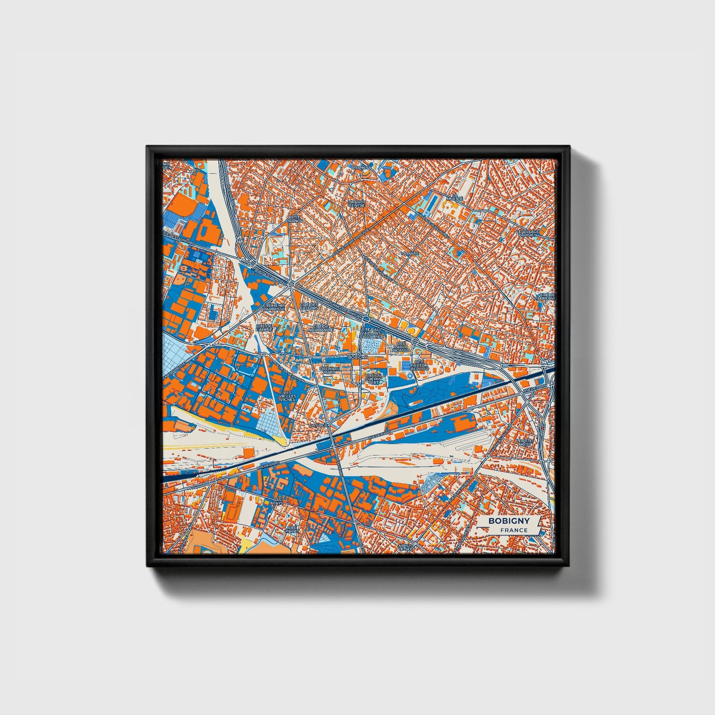 Bobigny France Colorful City Map Canvas Print • Black Framed