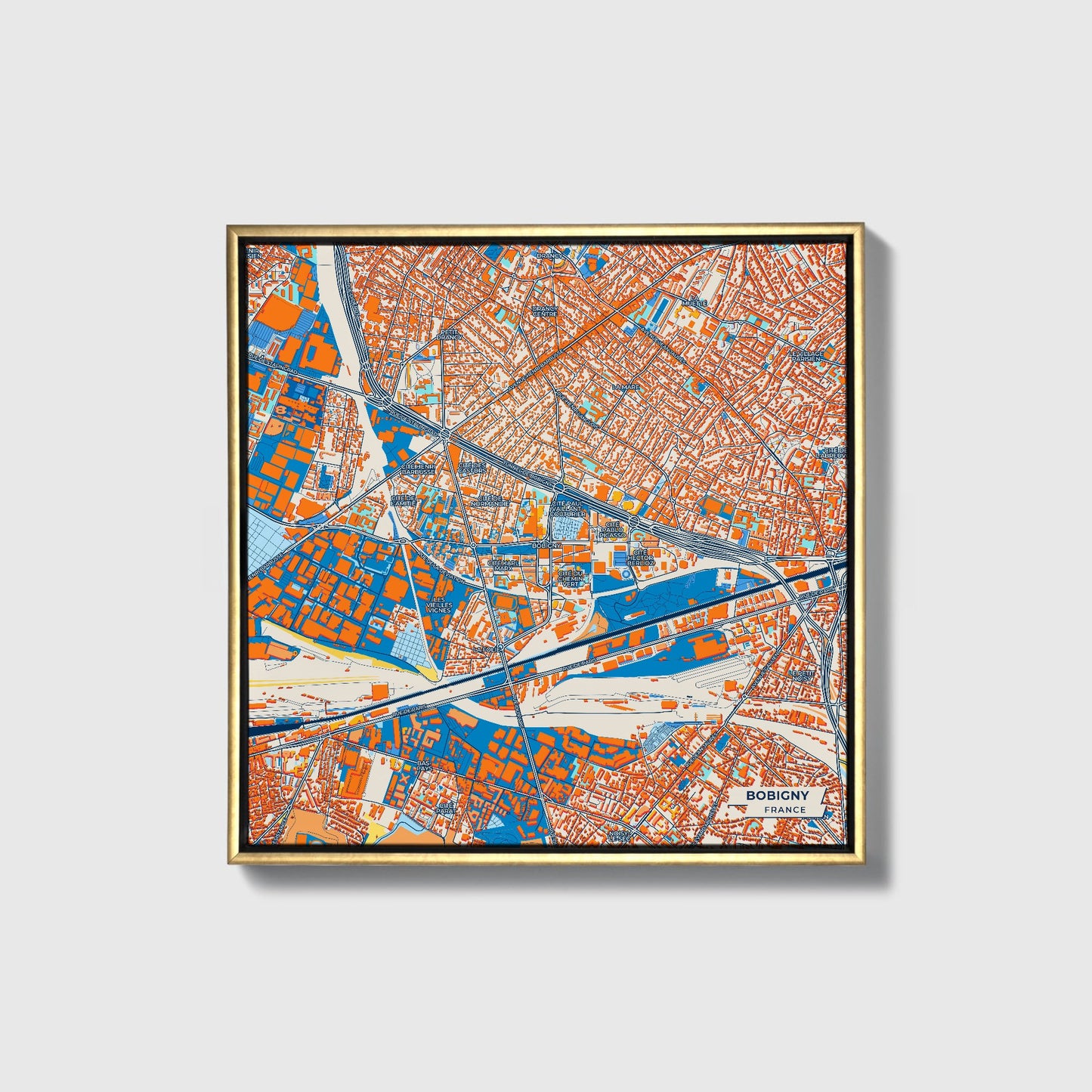 Bobigny France Colorful City Map Canvas Print • Gold Framed