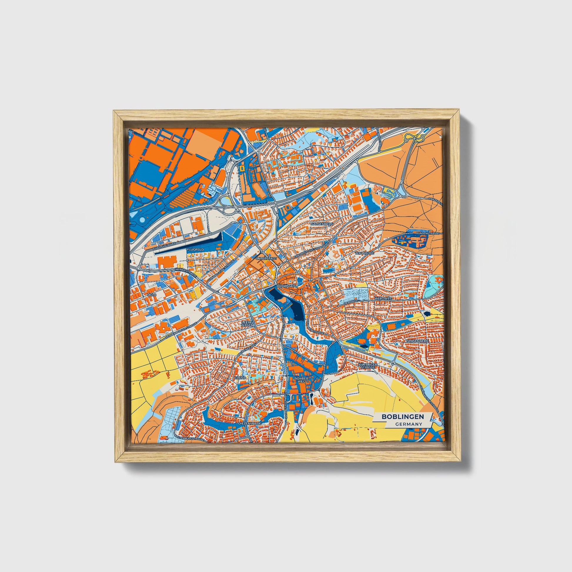 Böblingen Germany Colorful City Map Canvas Print • Natural Wooden Framed