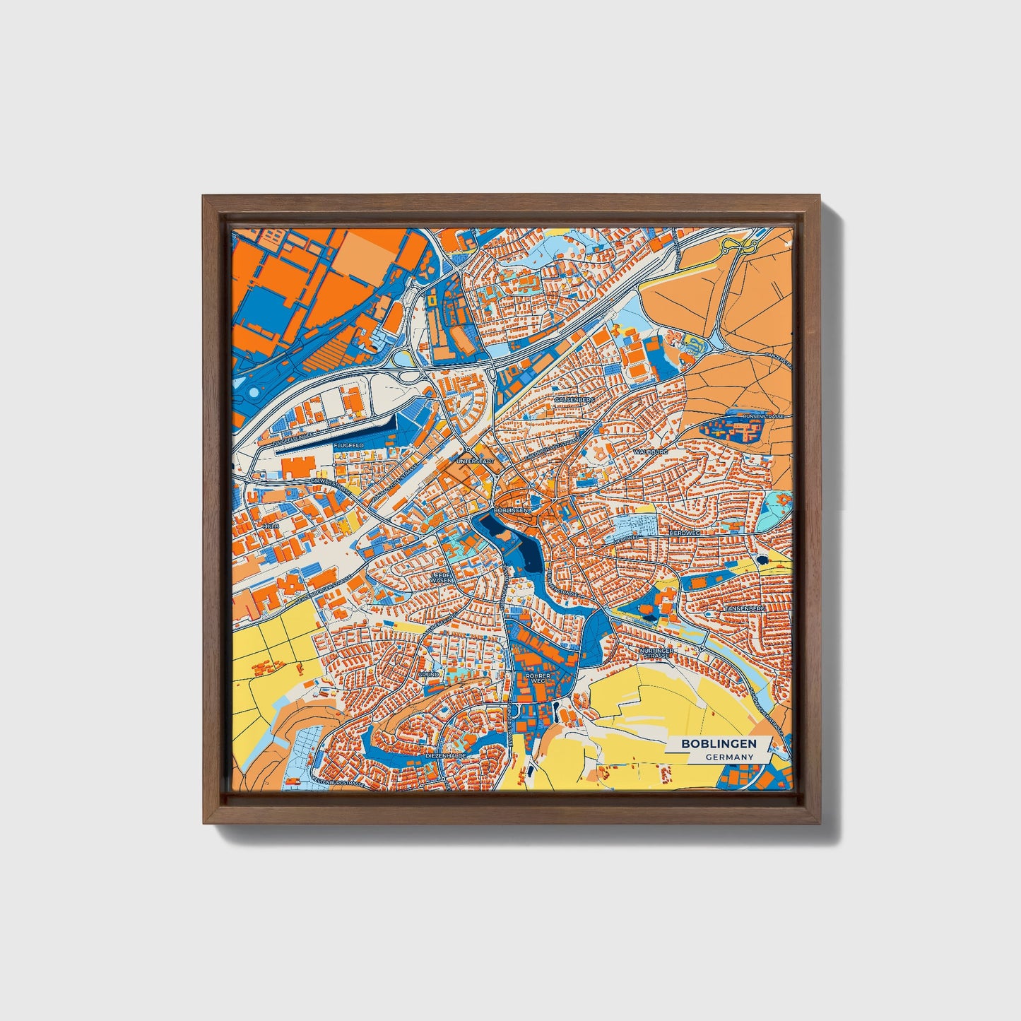 Böblingen Germany Colorful City Map Canvas Print • Dark Wooden Framed