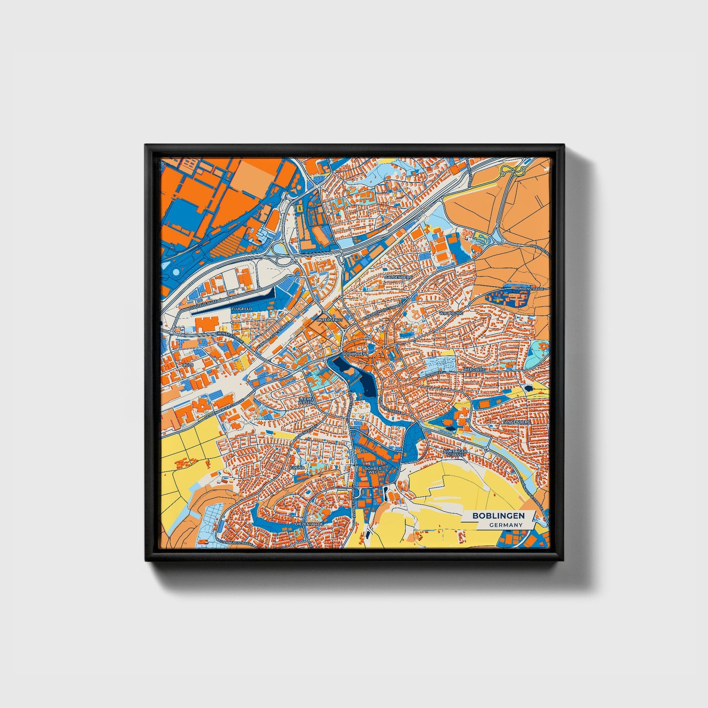 Böblingen Germany Colorful City Map Canvas Print • Black Framed