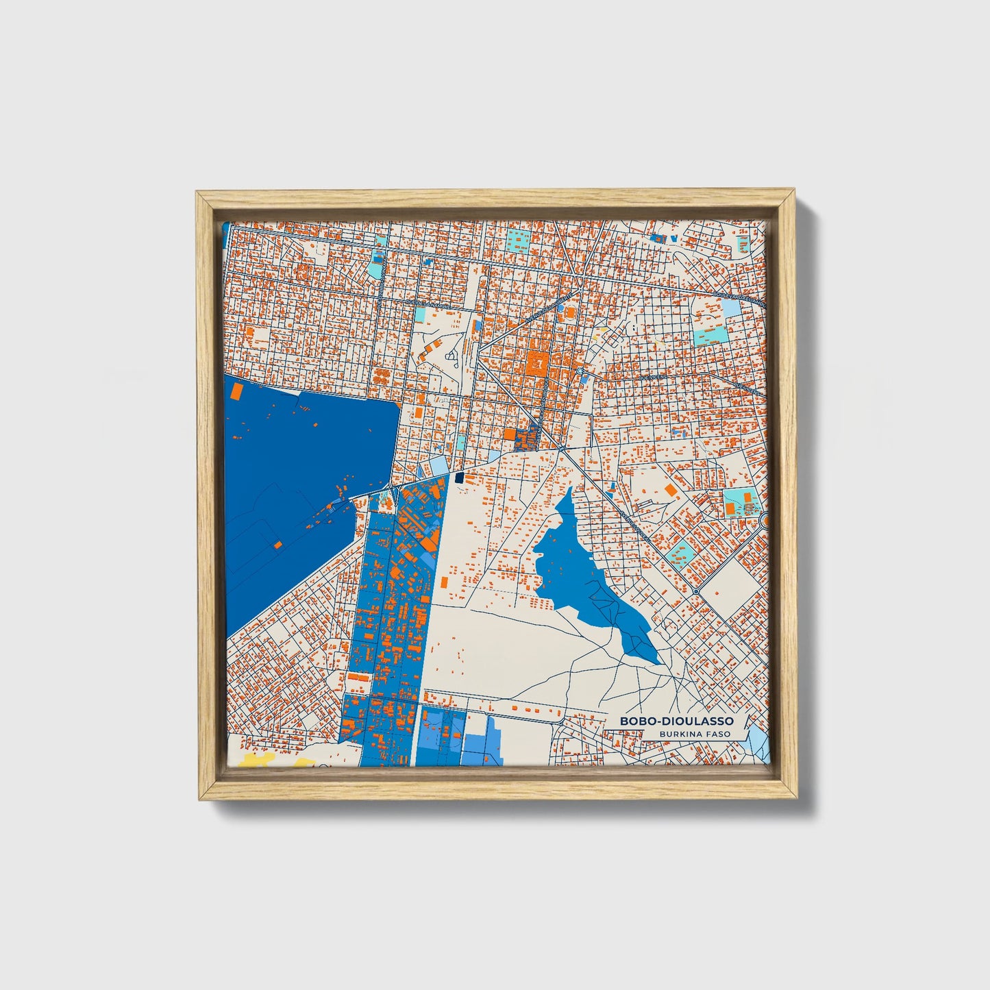 Bobo-Dioulasso Burkina Faso Colorful City Map Canvas Print • Natural Wooden Framed