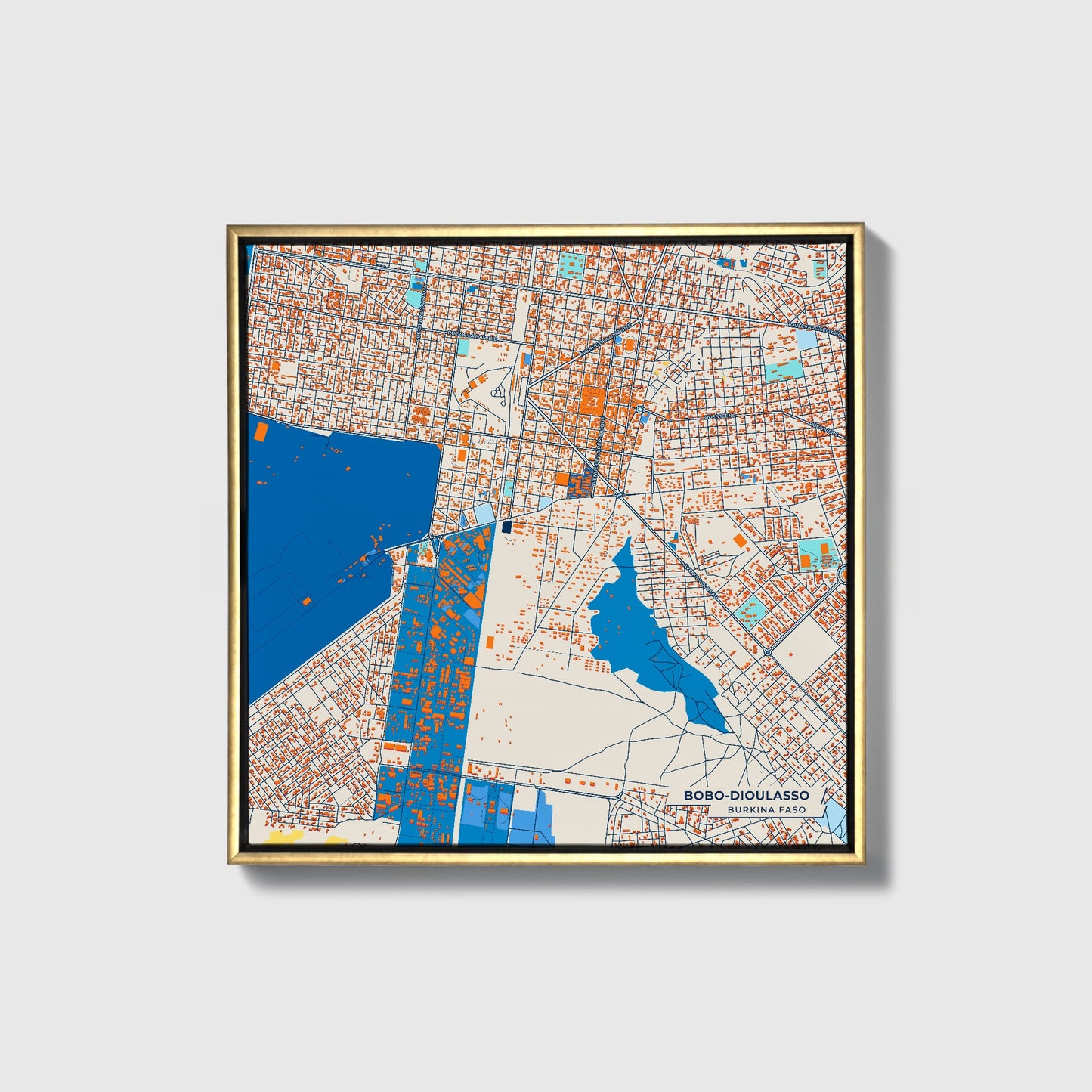 Bobo-Dioulasso Burkina Faso Colorful City Map Canvas Print • Gold Framed