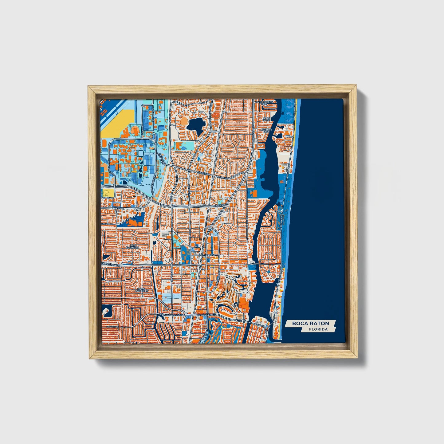 Boca Raton Florida Colorful City Map Canvas Print • Natural Wooden Framed