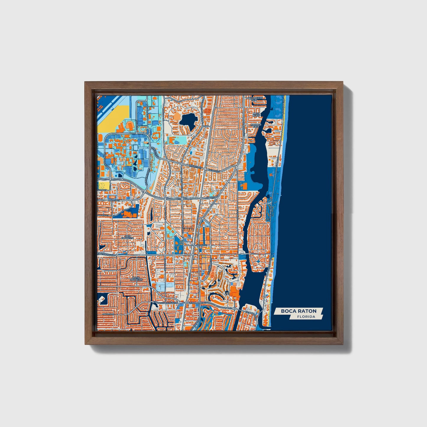 Boca Raton Florida Colorful City Map Canvas Print • Dark Wooden Framed