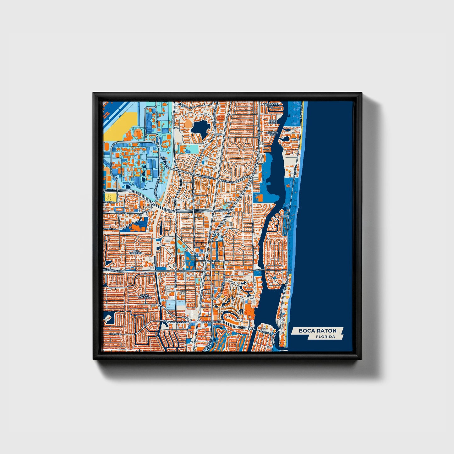 Boca Raton Florida Colorful City Map Canvas Print • Black Framed