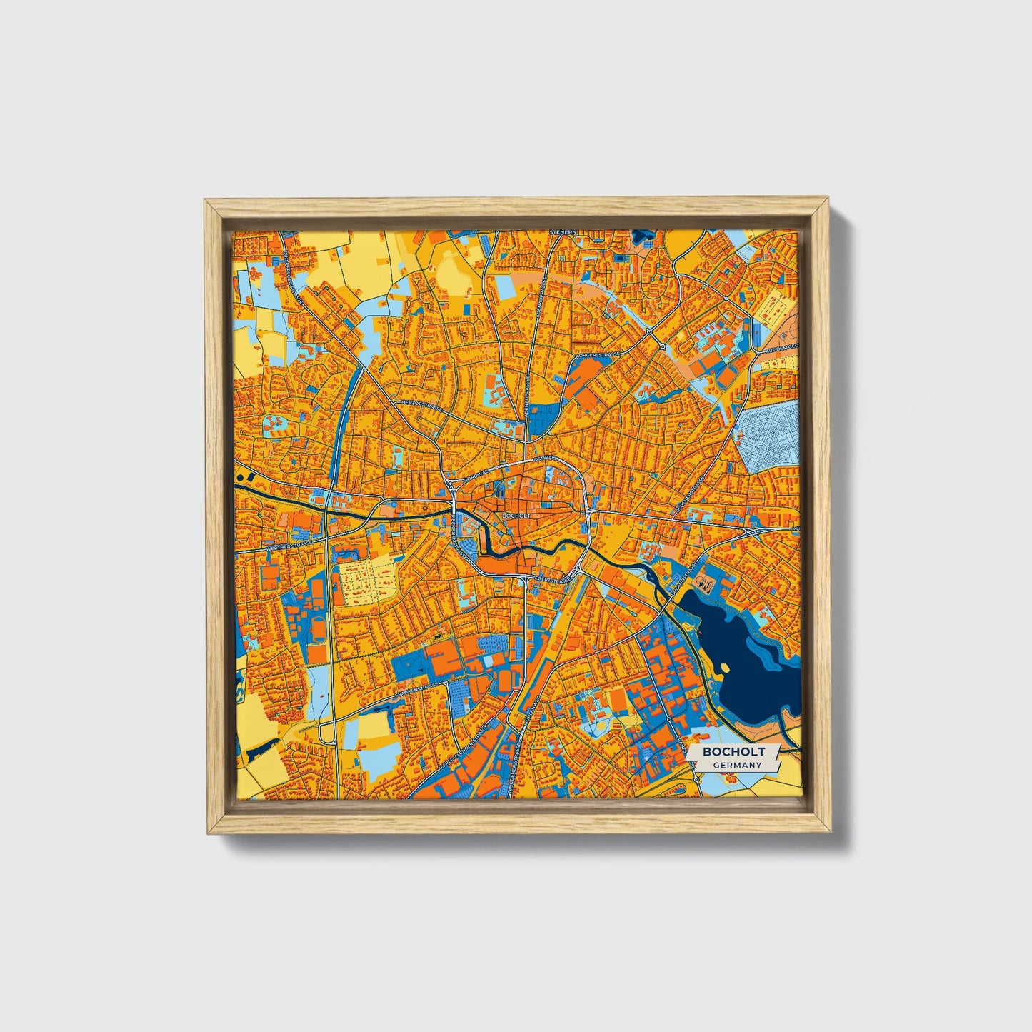 Bocholt Germany Colorful City Map Canvas Print • Natural Wooden Framed