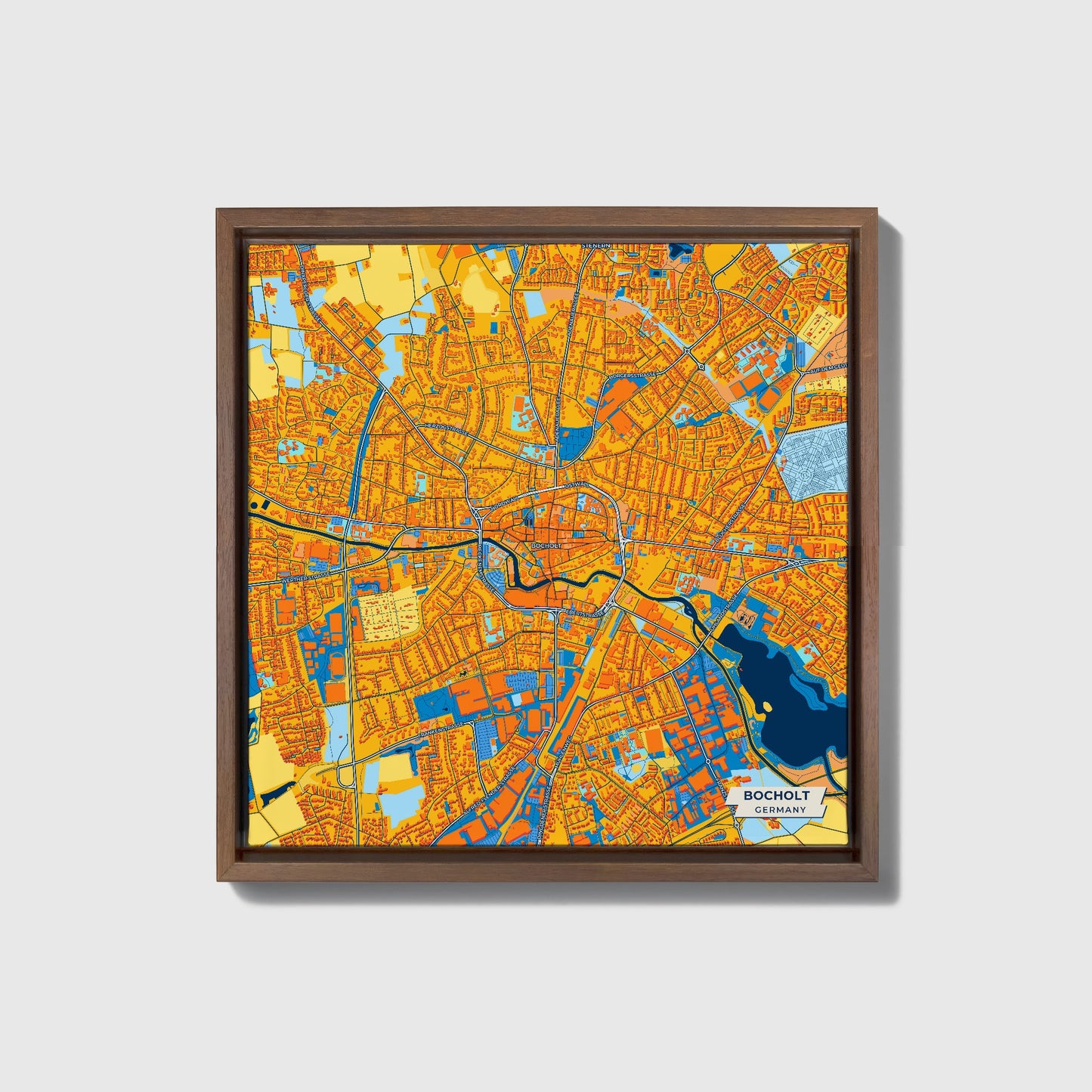 Bocholt Germany Colorful City Map Canvas Print • Dark Wooden Framed