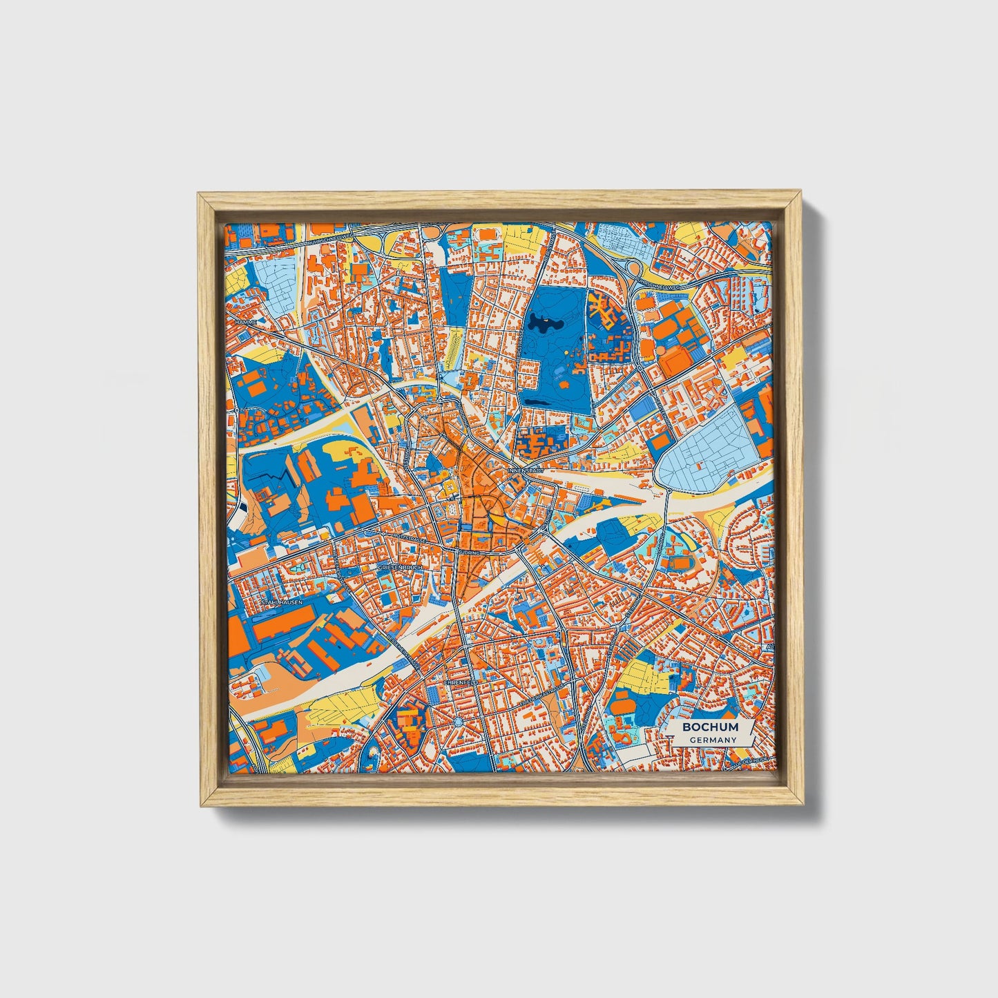 Bochum Germany Colorful City Map Canvas Print • Natural Wooden Framed