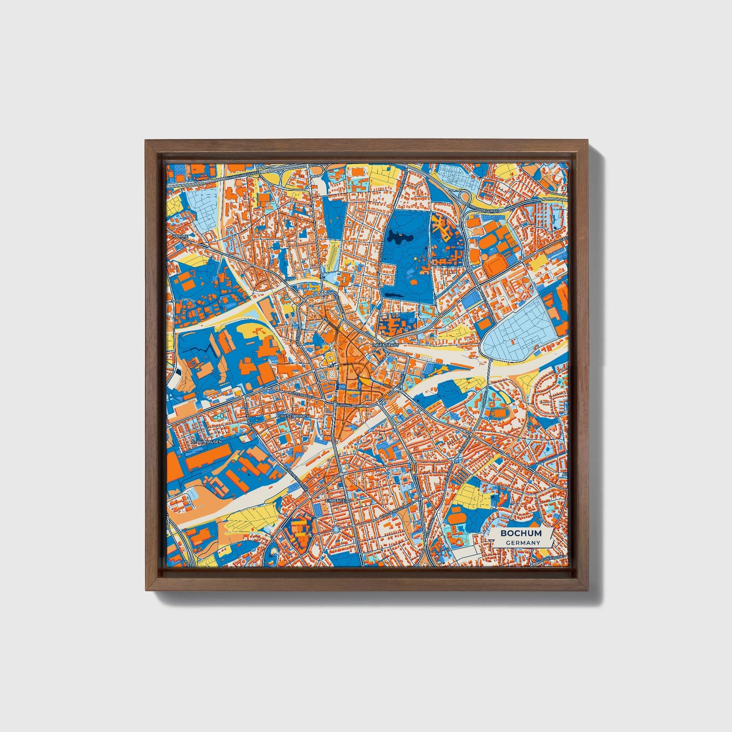 Bochum Germany Colorful City Map Canvas Print • Dark Wooden Framed