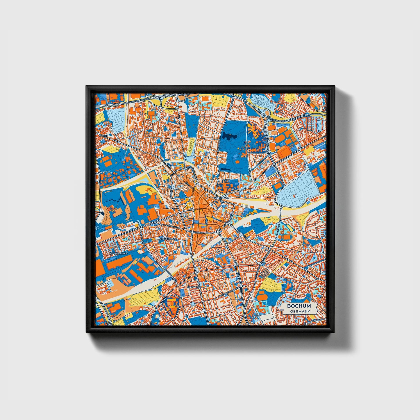Bochum Germany Colorful City Map Canvas Print • Black Framed