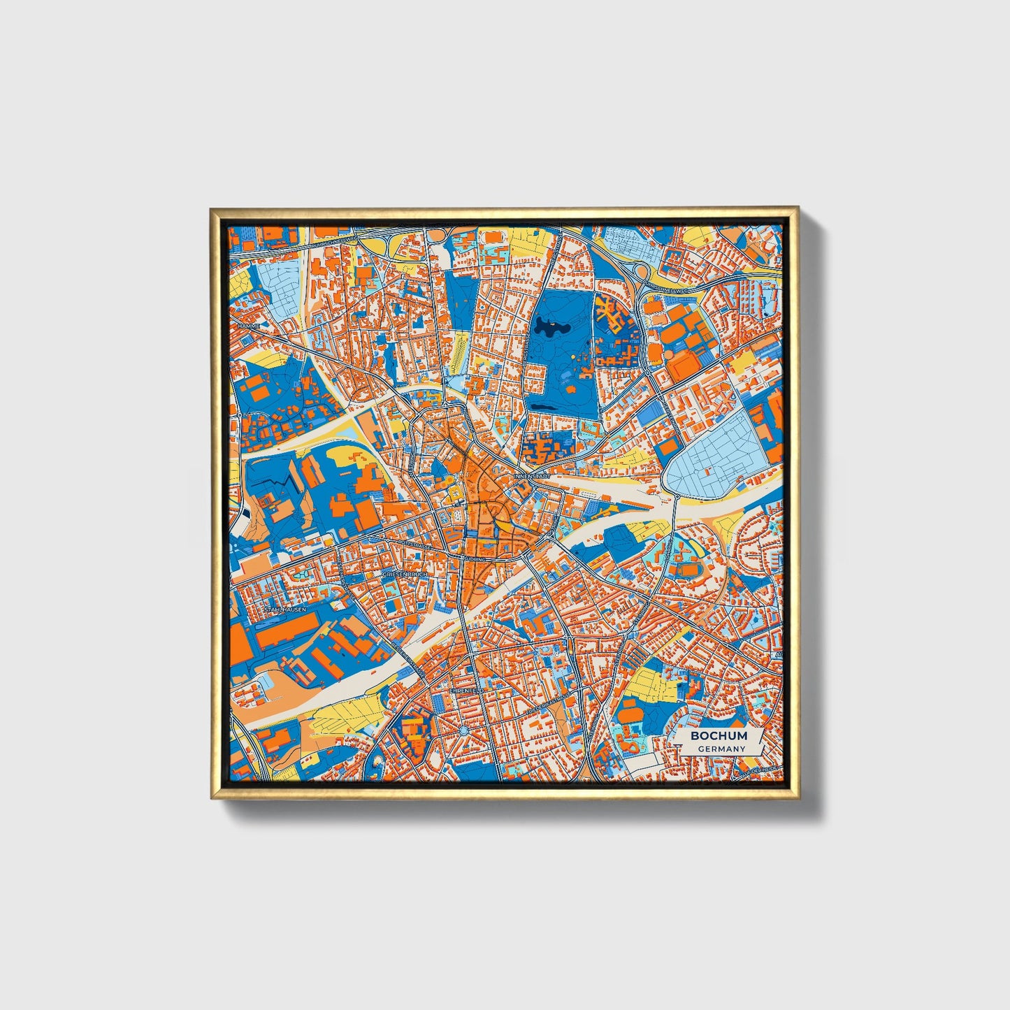 Bochum Germany Colorful City Map Canvas Print • Gold Framed