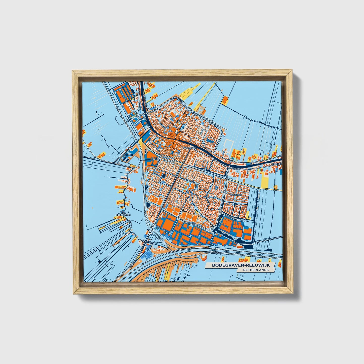 Bodegraven-Reeuwijk Netherlands Colorful City Map Canvas Print • Natural Wooden Framed