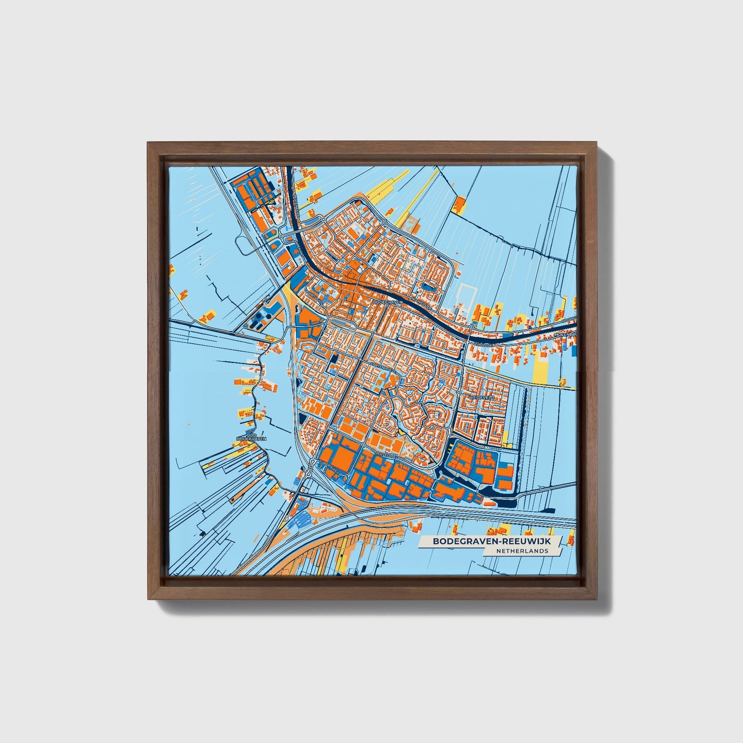 Bodegraven-Reeuwijk Netherlands Colorful City Map Canvas Print • Dark Wooden Framed