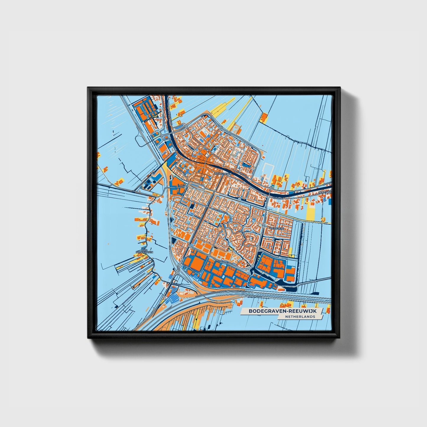 Bodegraven-Reeuwijk Netherlands Colorful City Map Canvas Print • Black Framed