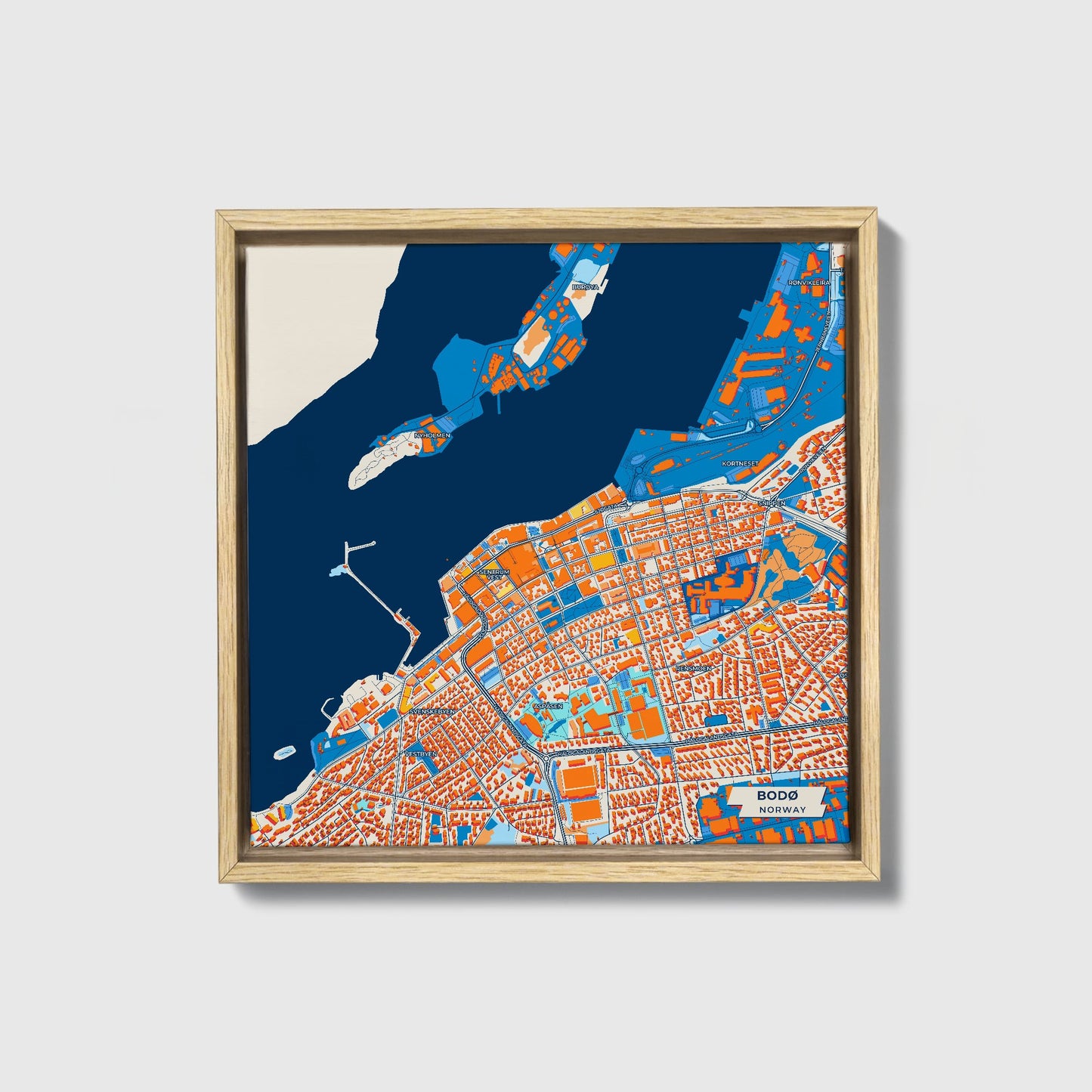 Bodø Norway Colorful City Map Canvas Print • Natural Wooden Framed