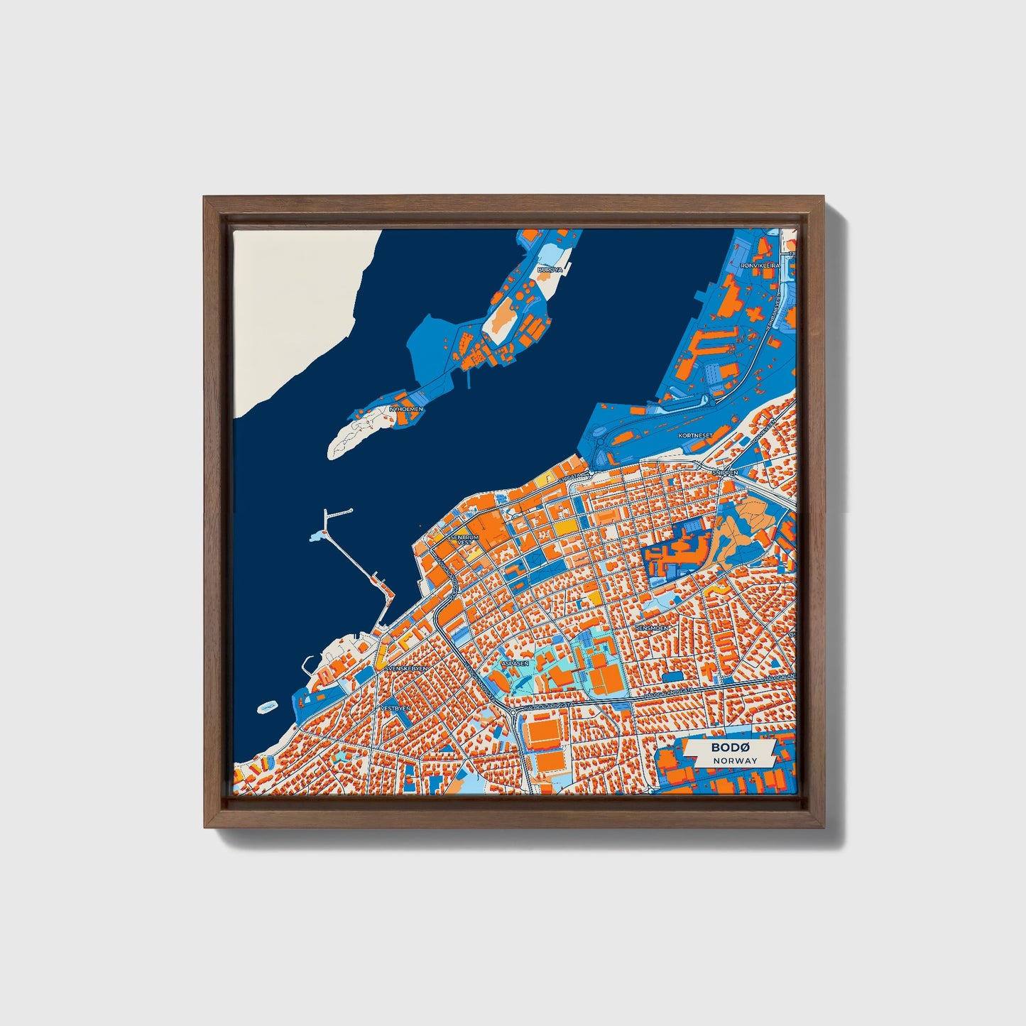 Bodø Norway Colorful City Map Canvas Print • Dark Wooden Framed