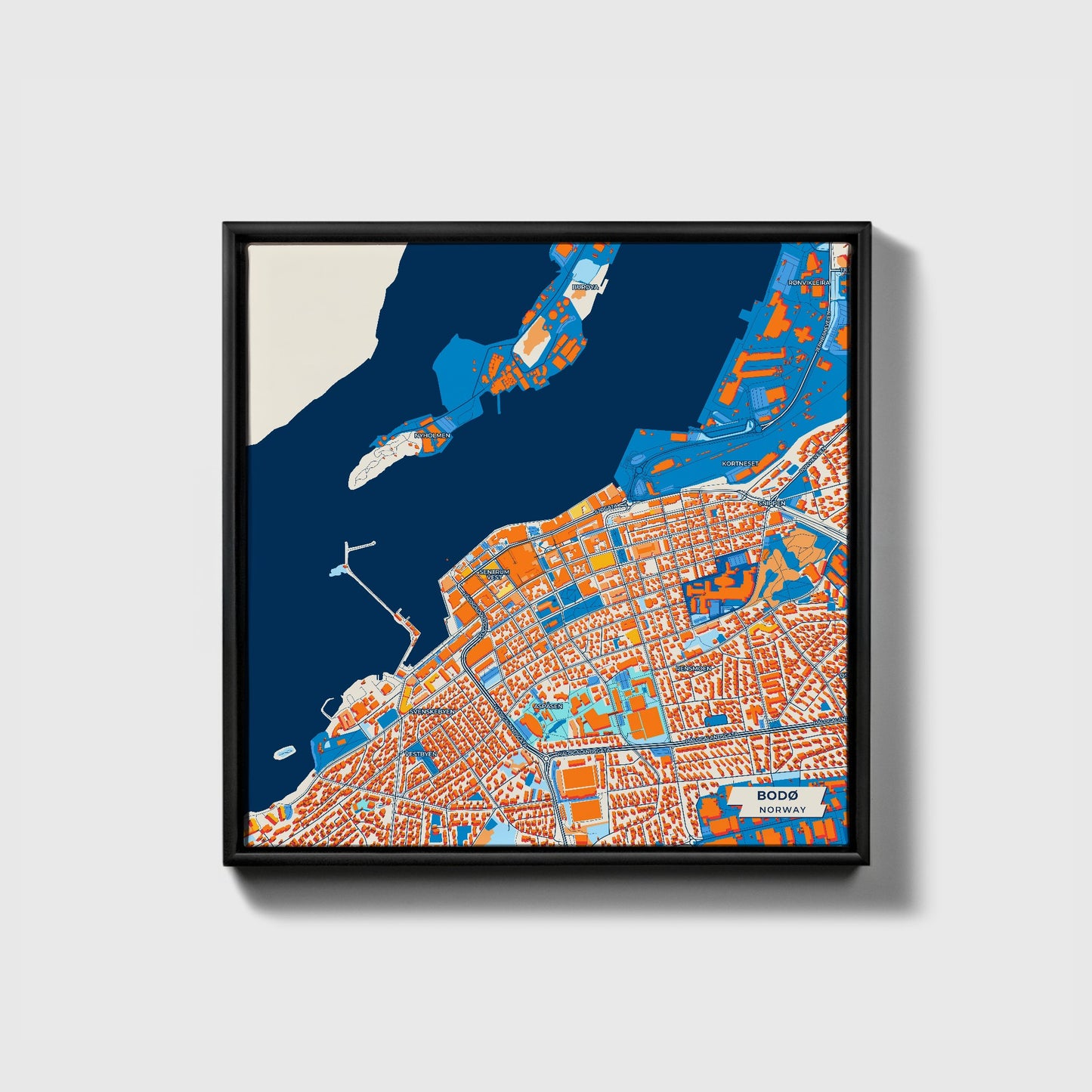 Bodø Norway Colorful City Map Canvas Print • Black Framed