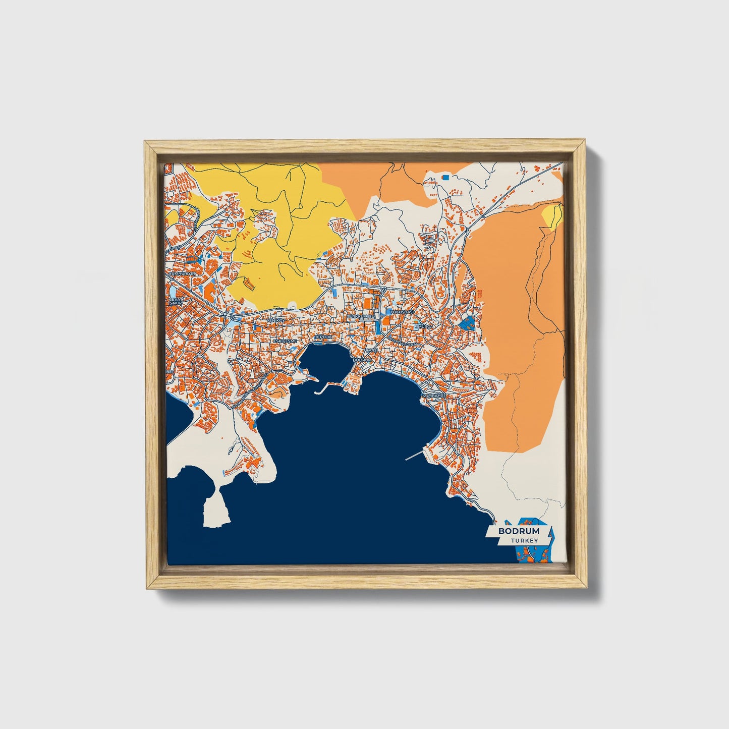 Bodrum Turkey Colorful City Map Canvas Print • Natural Wooden Framed