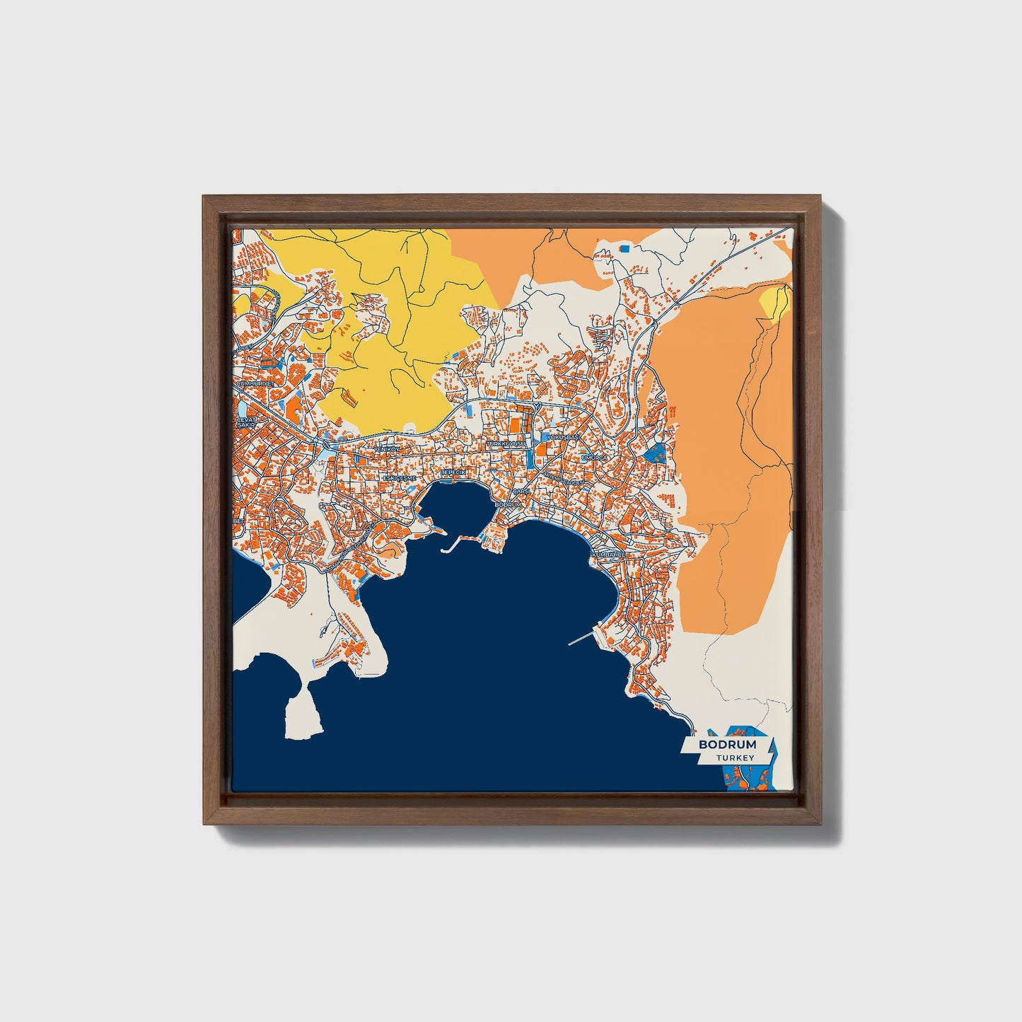 Bodrum Turkey Colorful City Map Canvas Print • Dark Wooden Framed