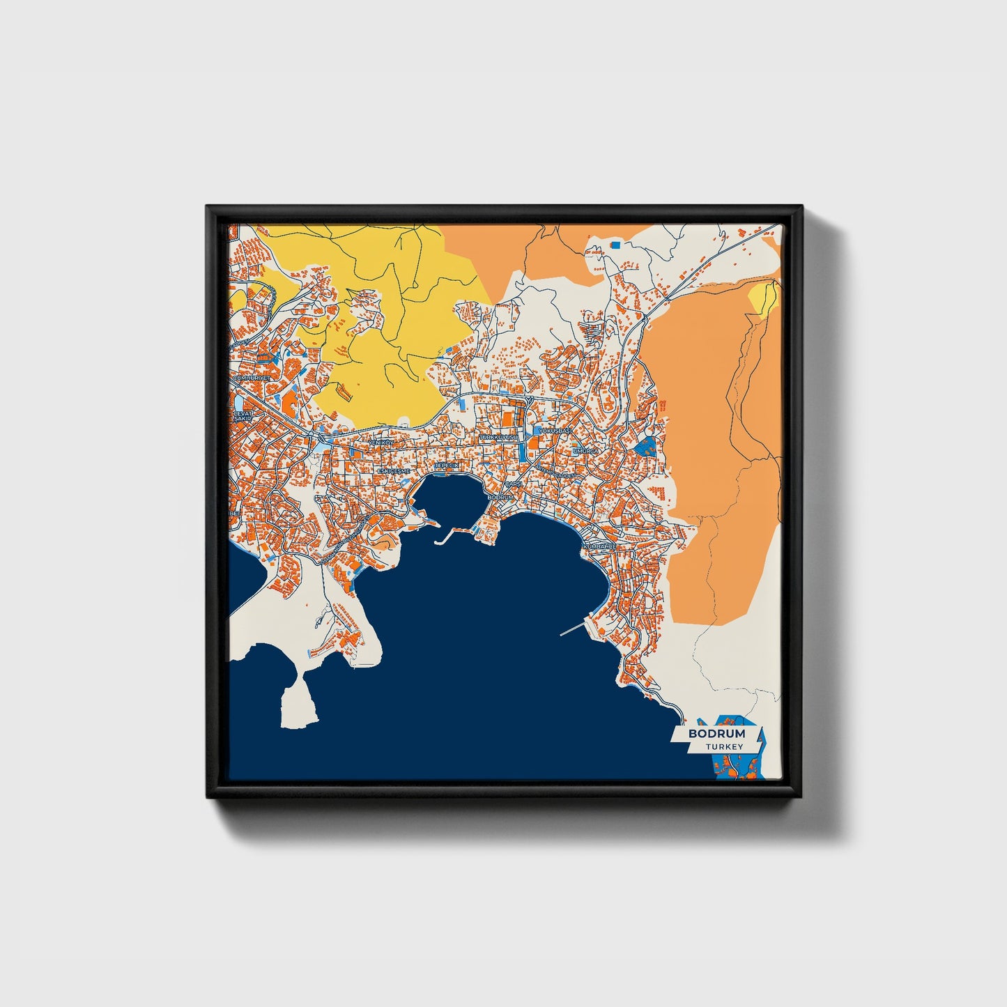 Bodrum Turkey Colorful City Map Canvas Print • Black Framed