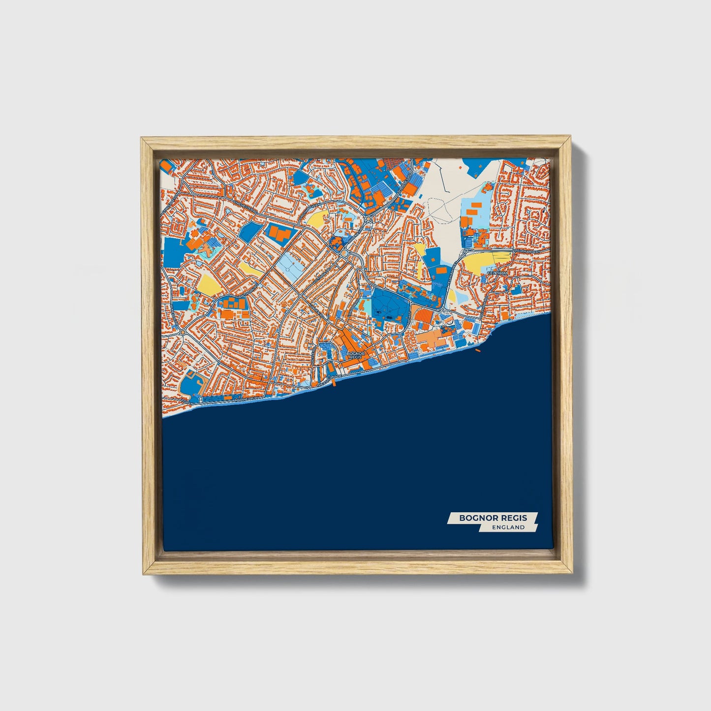 Bognor Regis England Colorful City Map Canvas Print • Natural Wooden Framed