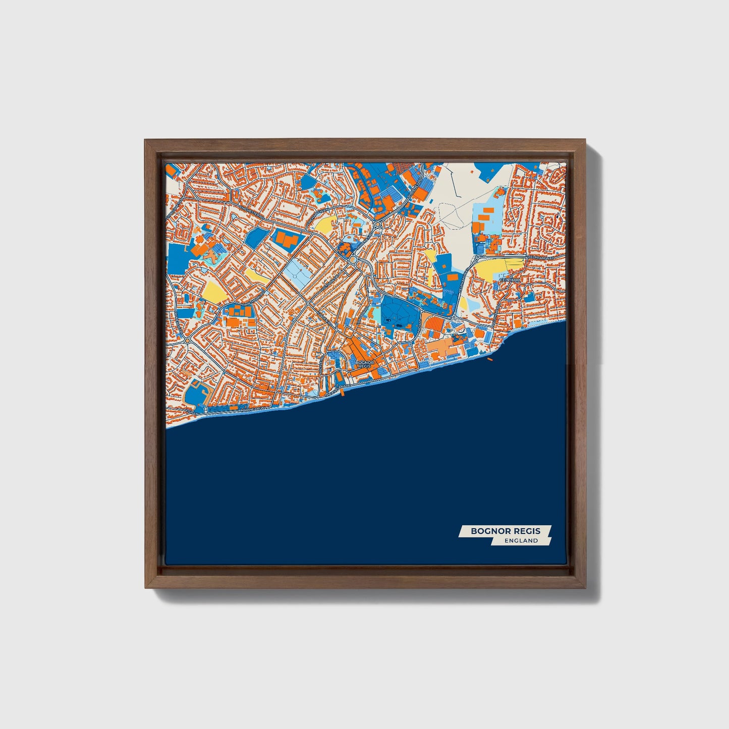 Bognor Regis England Colorful City Map Canvas Print • Dark Wooden Framed