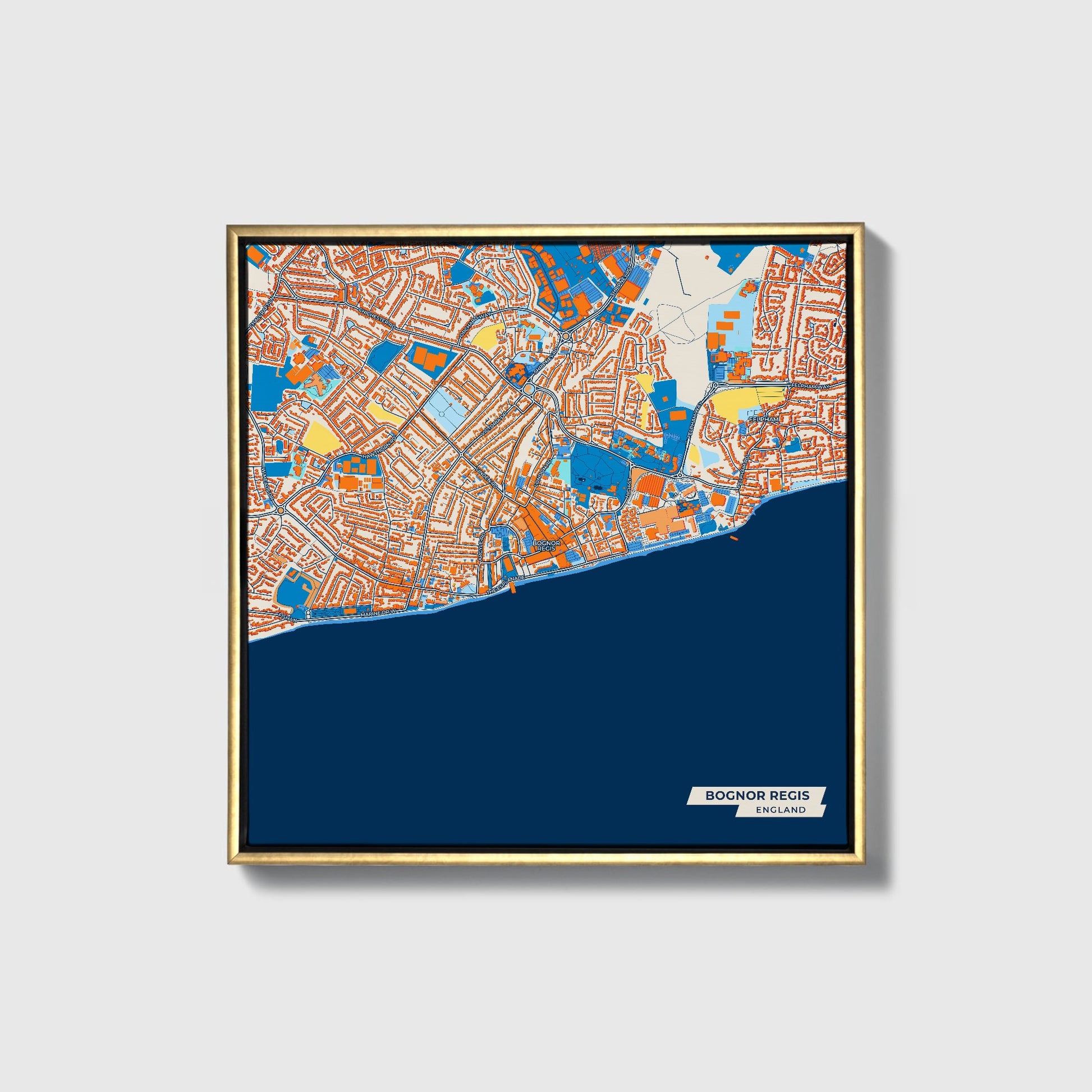 Bognor Regis England Colorful City Map Canvas Print • Gold Framed