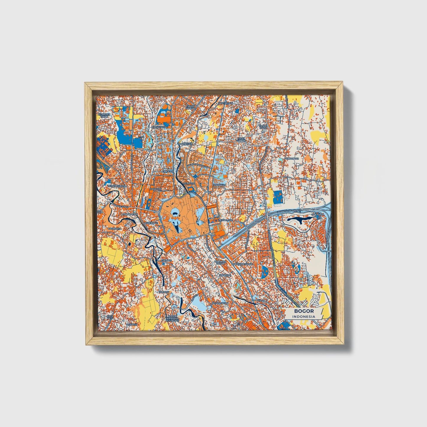 Bogor Indonesia Colorful City Map Canvas Print • Natural Wooden Framed