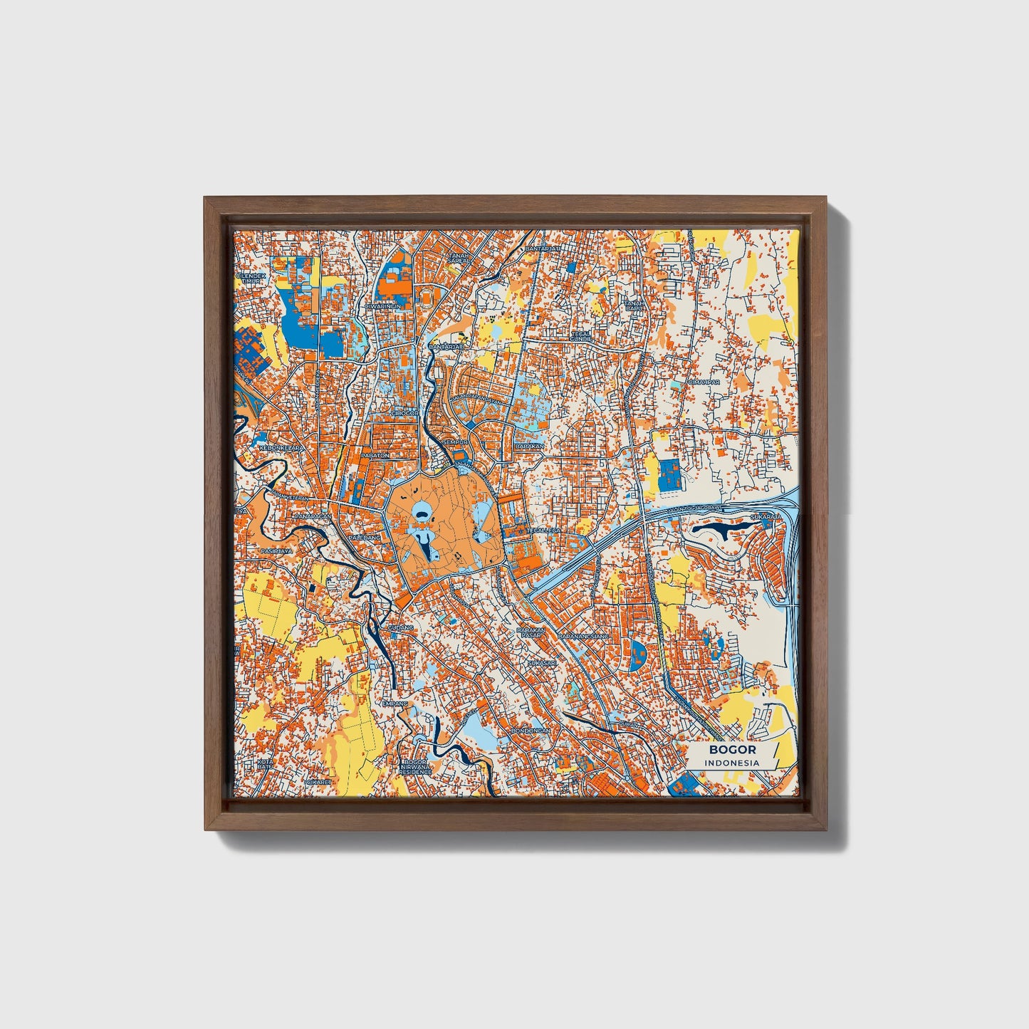 Bogor Indonesia Colorful City Map Canvas Print • Dark Wooden Framed