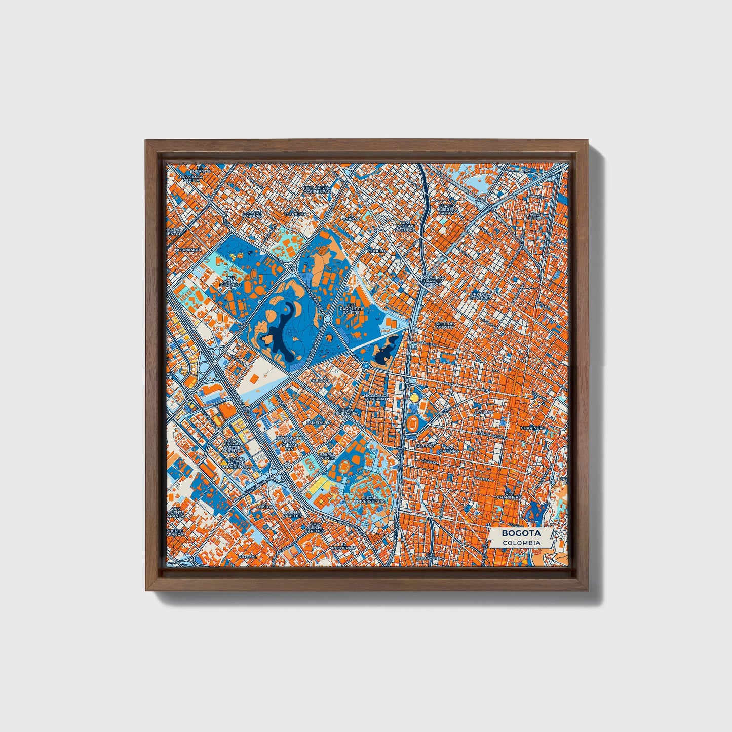 Bogota Colombia Colorful City Map Canvas Print • Dark Wooden Framed