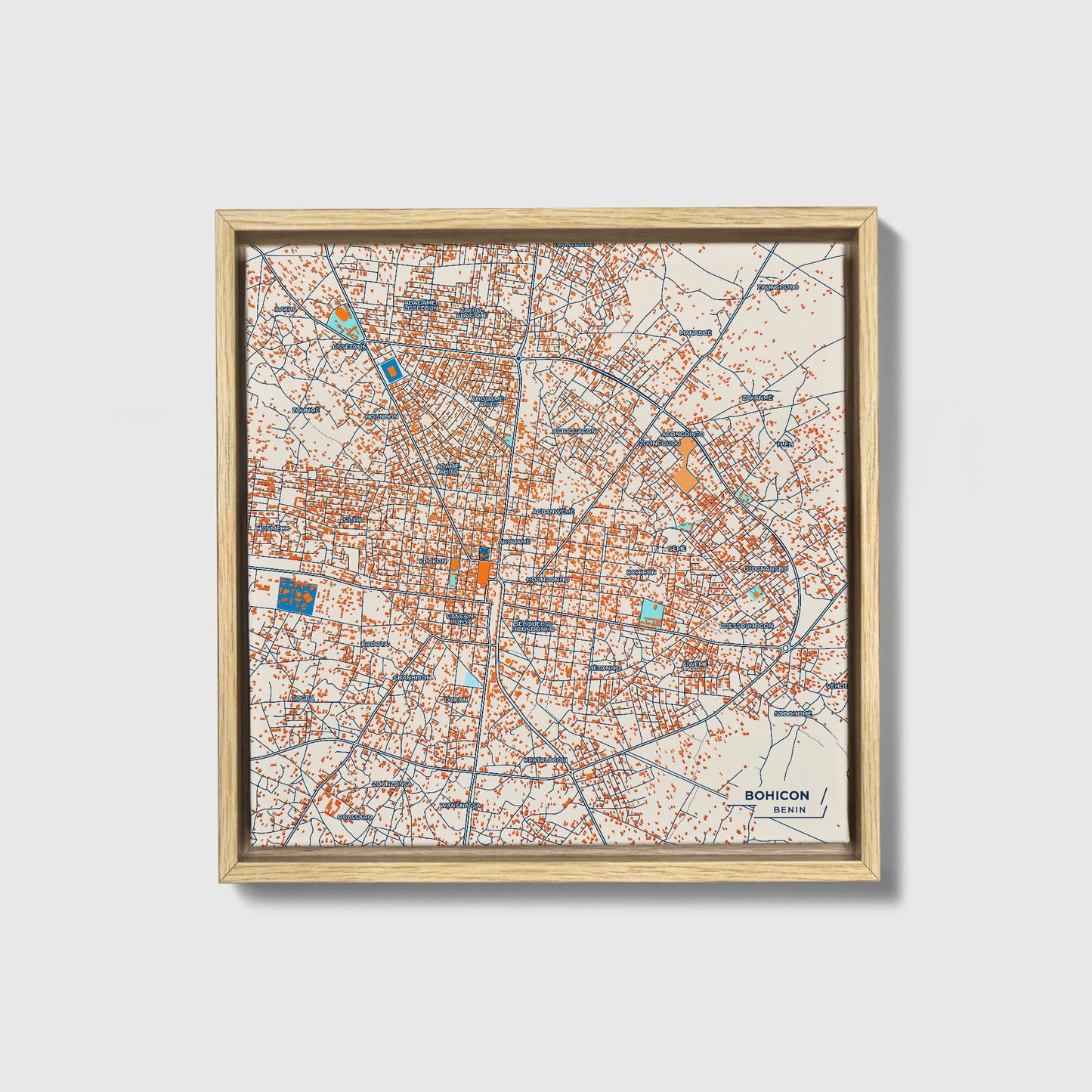 Bohicon Benin Colorful City Map Canvas Print • Natural Wooden Framed