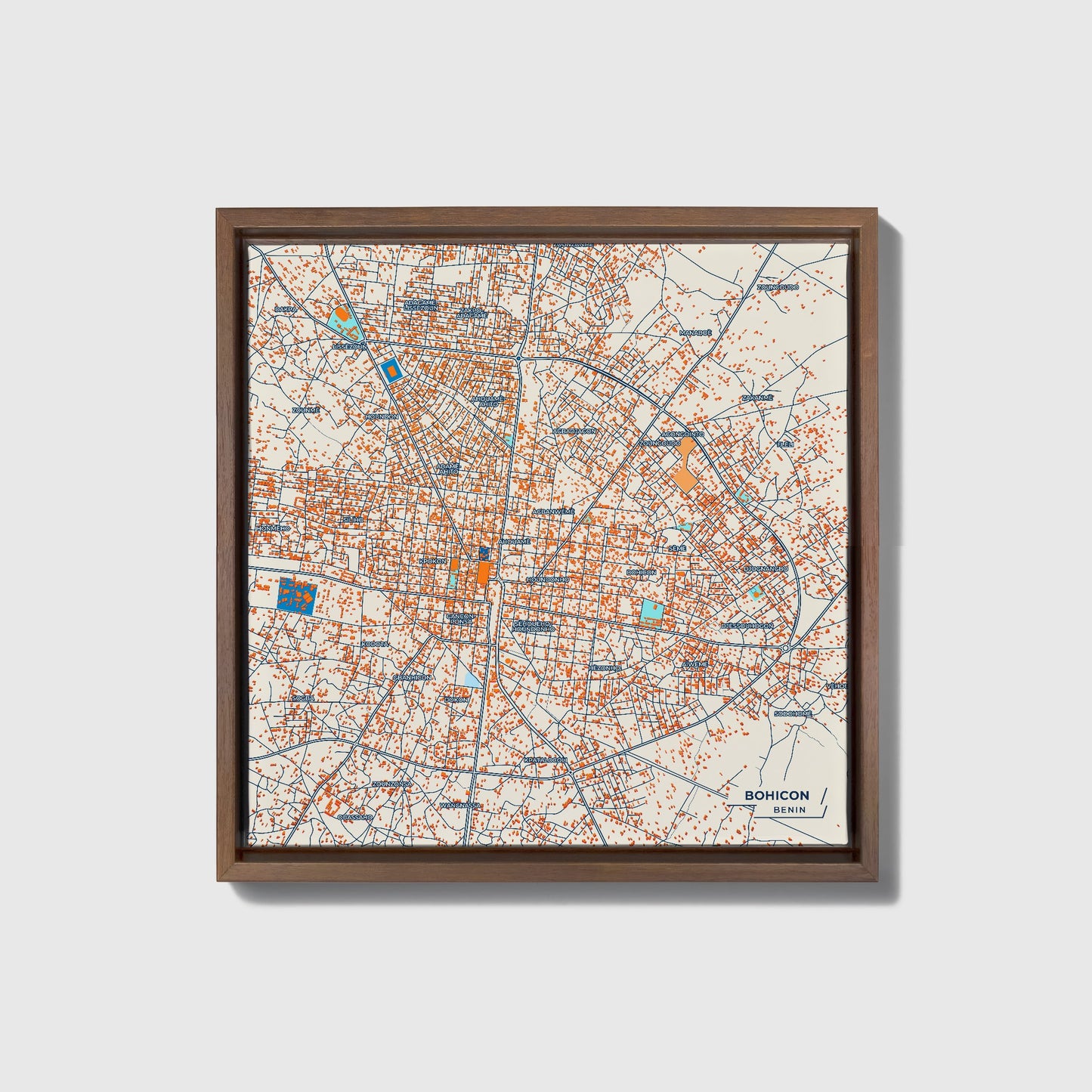 Bohicon Benin Colorful City Map Canvas Print • Dark Wooden Framed