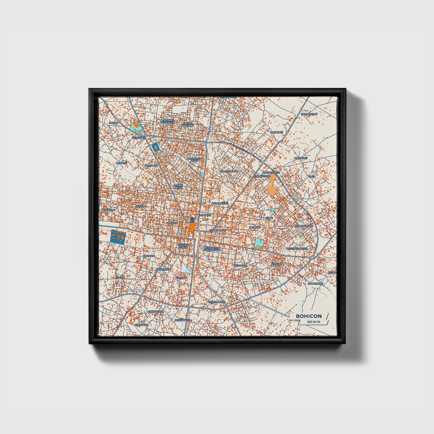 Bohicon Benin Colorful City Map Canvas Print • Black Framed