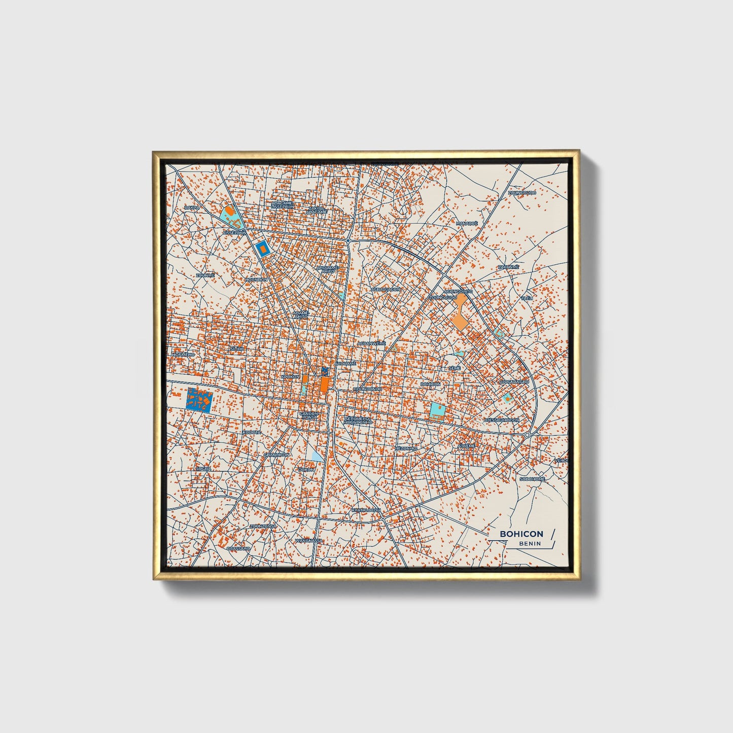 Bohicon Benin Colorful City Map Canvas Print • Gold Framed