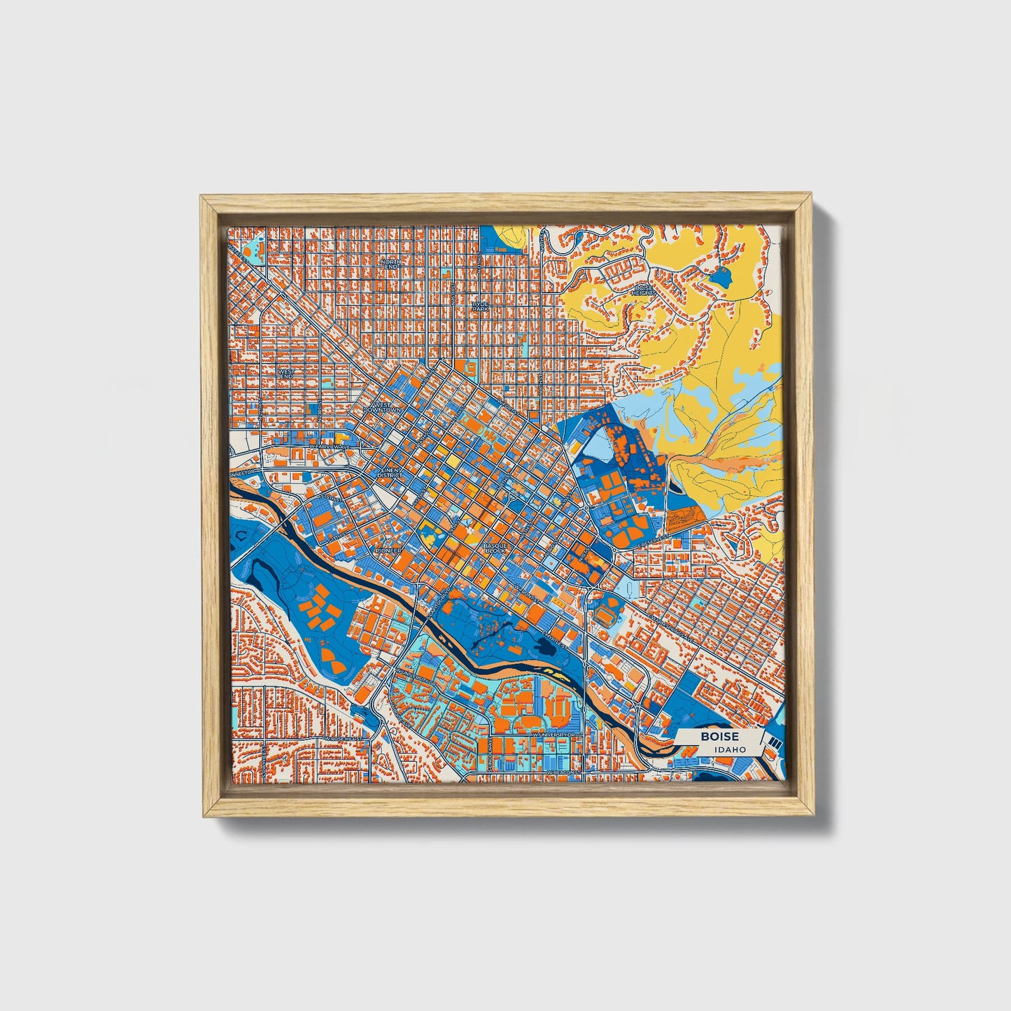 Boise Idaho Colorful City Map Canvas Print • Natural Wooden Framed