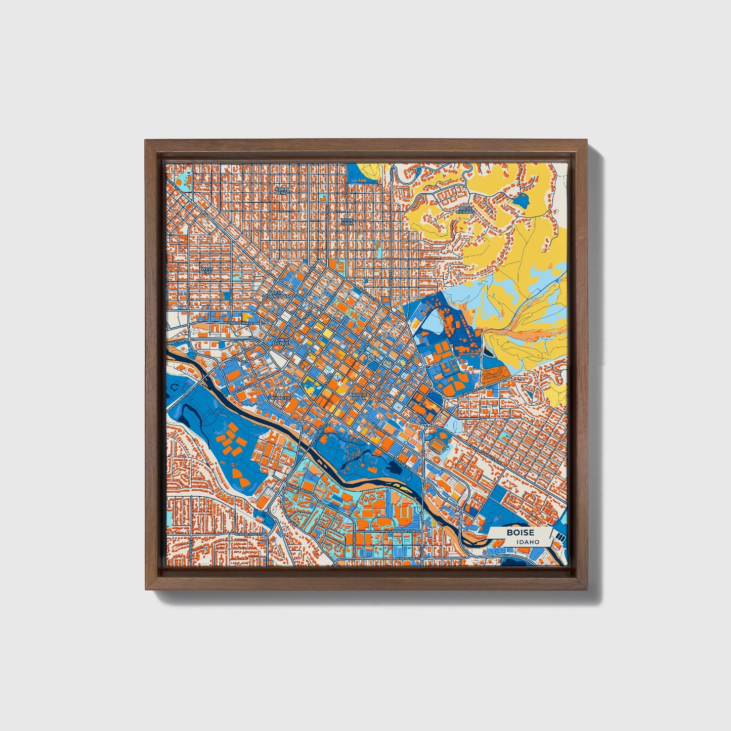 Boise Idaho Colorful City Map Canvas Print • Dark Wooden Framed