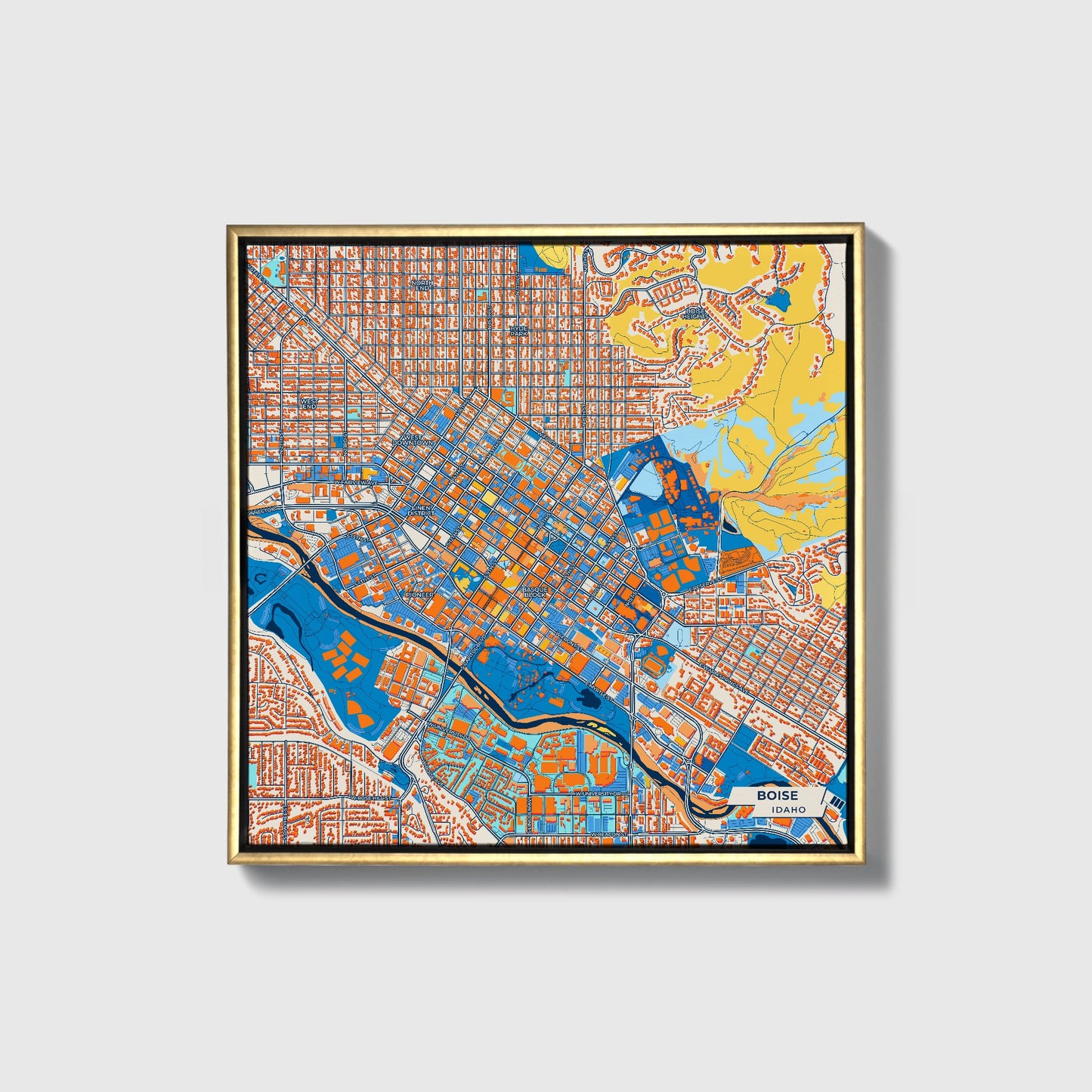 Boise Idaho Colorful City Map Canvas Print • Gold Framed