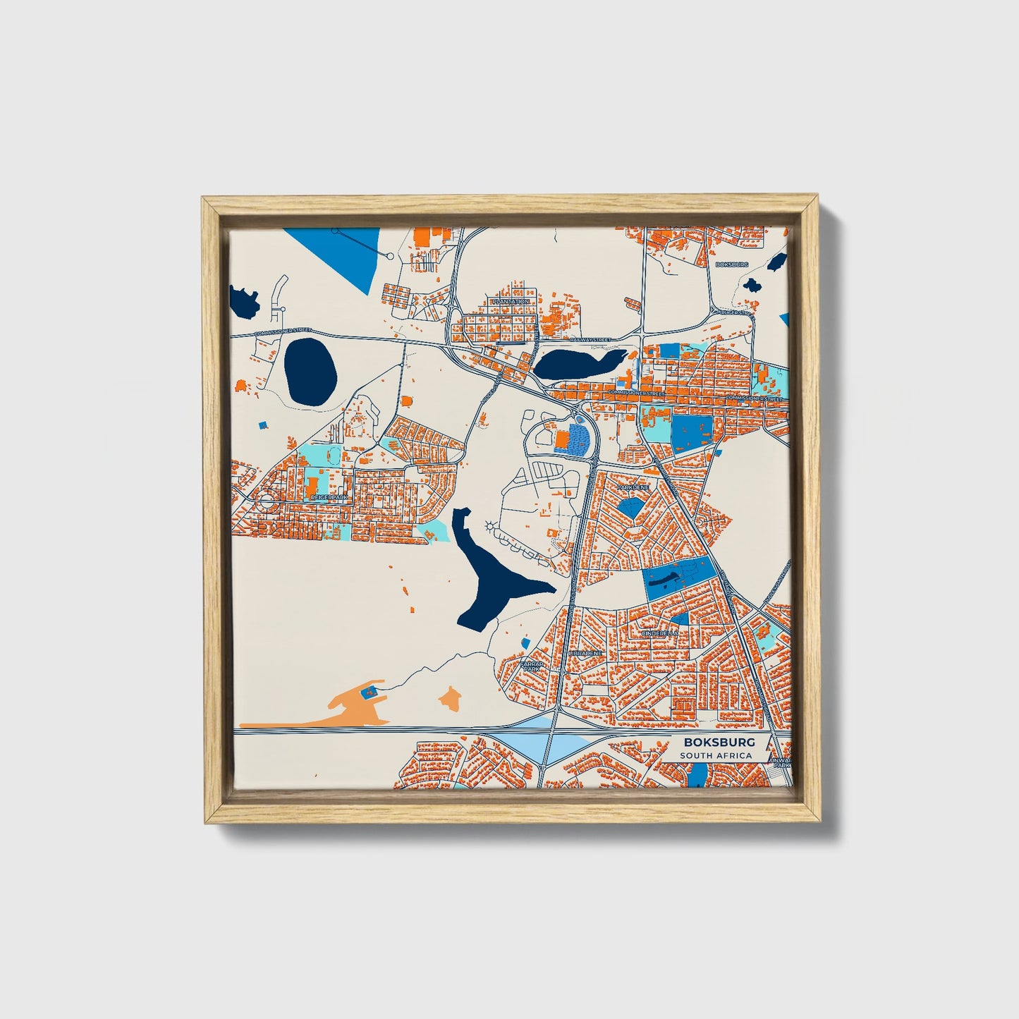 Boksburg South Africa Colorful City Map Canvas Print • Natural Wooden Framed