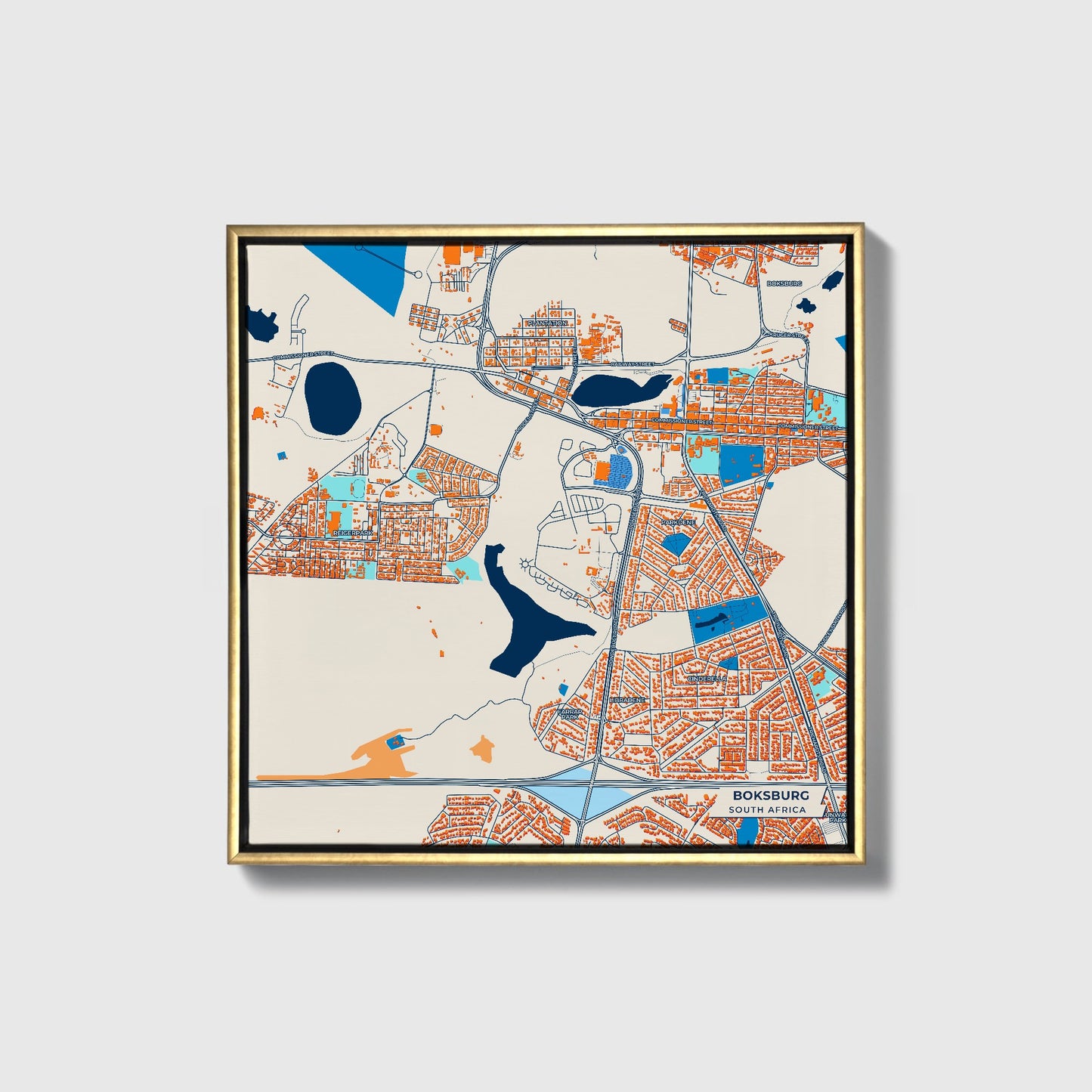 Boksburg South Africa Colorful City Map Canvas Print • Gold Framed